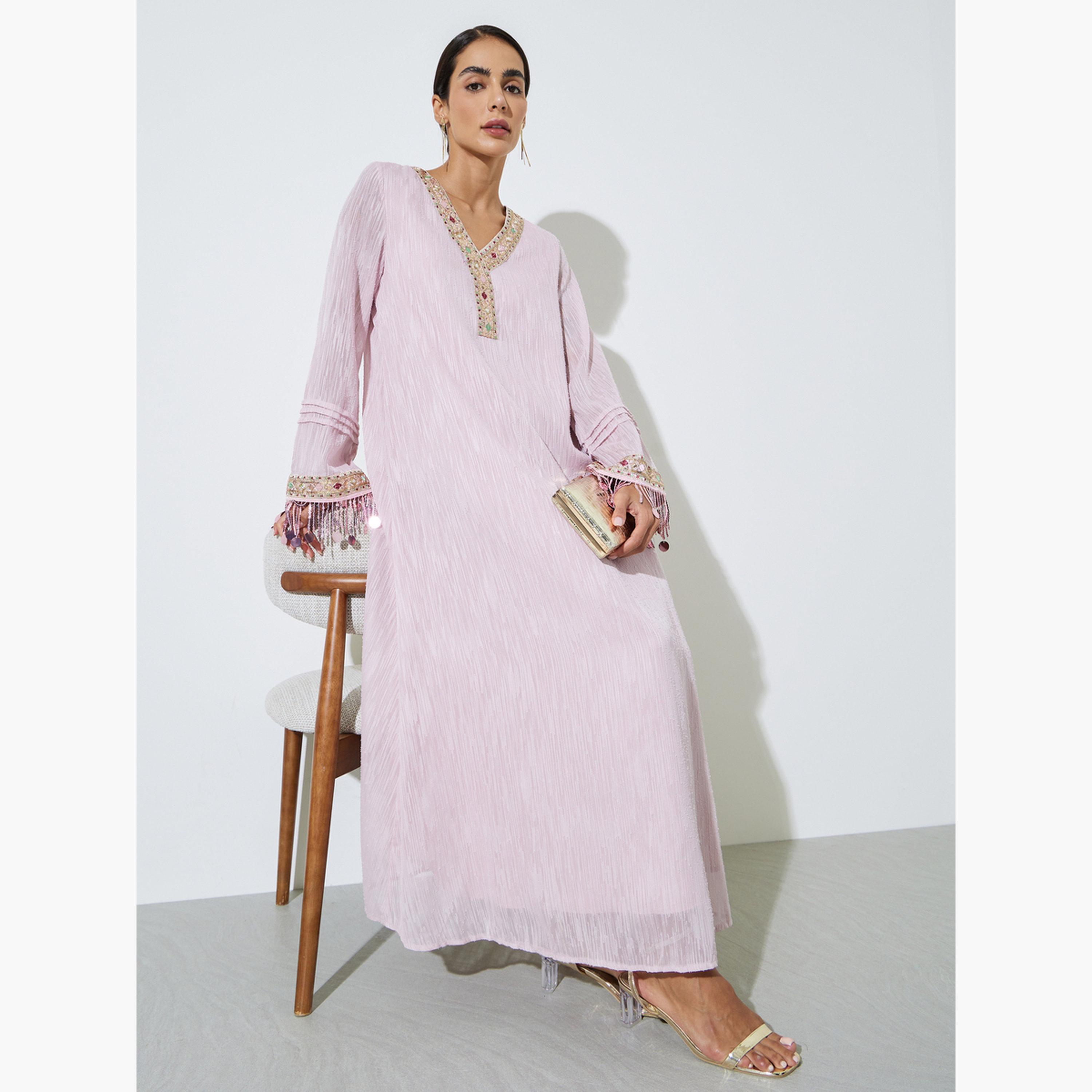 Styli Pink Embellished Trim Jalabiya-women-arabicclothing-jalabiyas-image-2