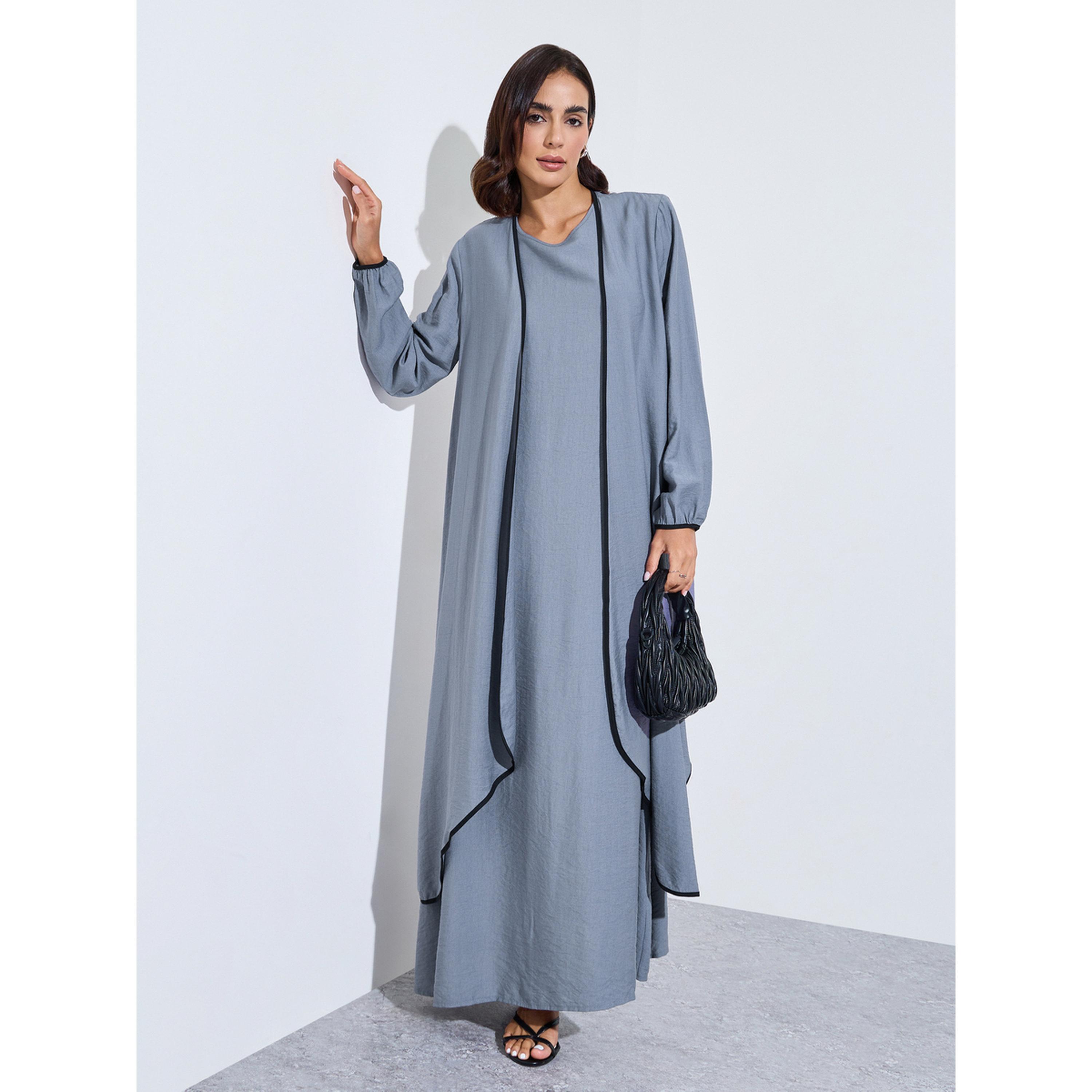 Styli Grey Solid Asymmetric Hem Abaya and Dress Modest Set-women-arabicclothing-sets-image-1