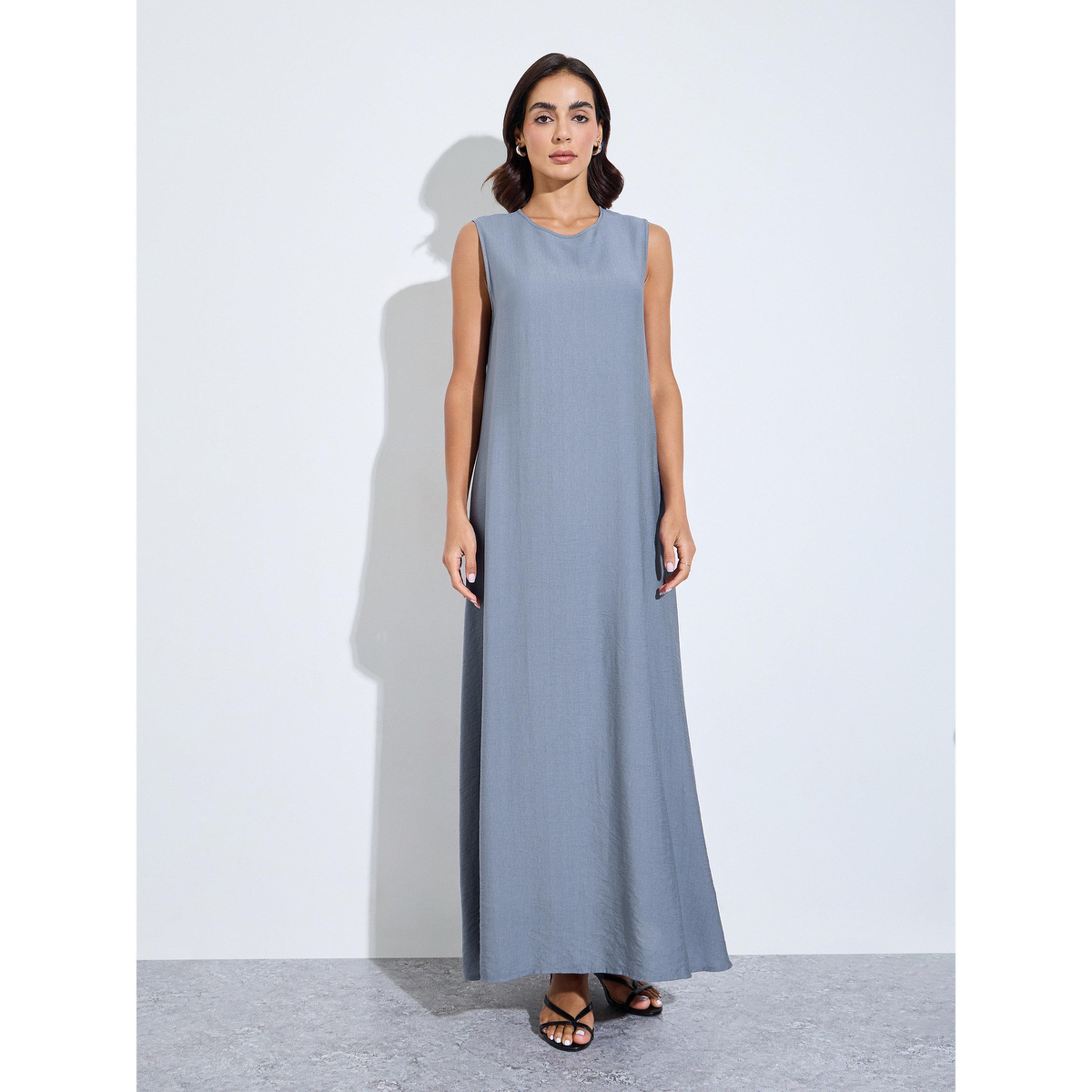 Styli Grey Solid Asymmetric Hem Abaya and Dress Modest Set-women-arabicclothing-sets-image-2
