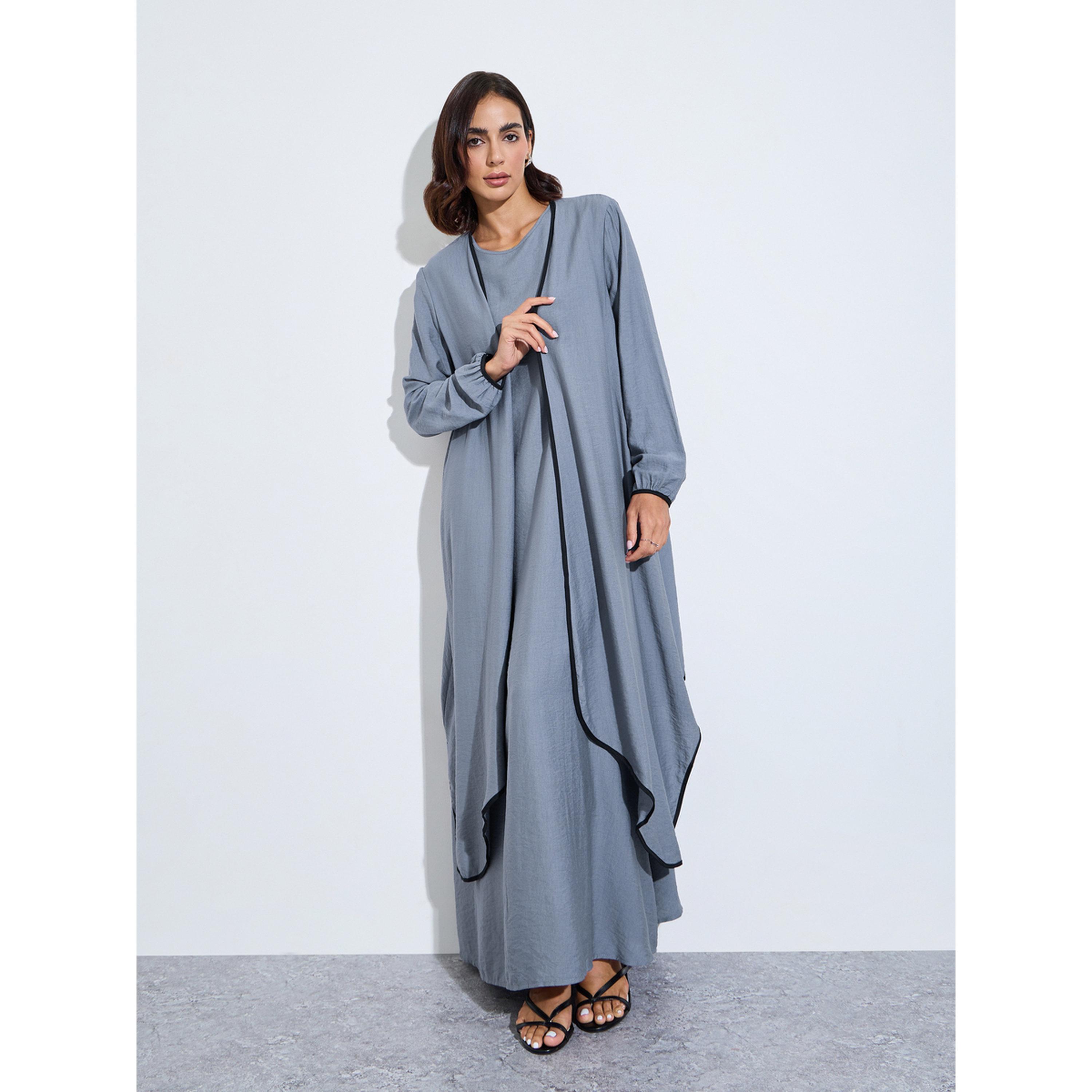 Styli Grey Solid Asymmetric Hem Abaya and Dress Modest Set-women-arabicclothing-sets-image-3