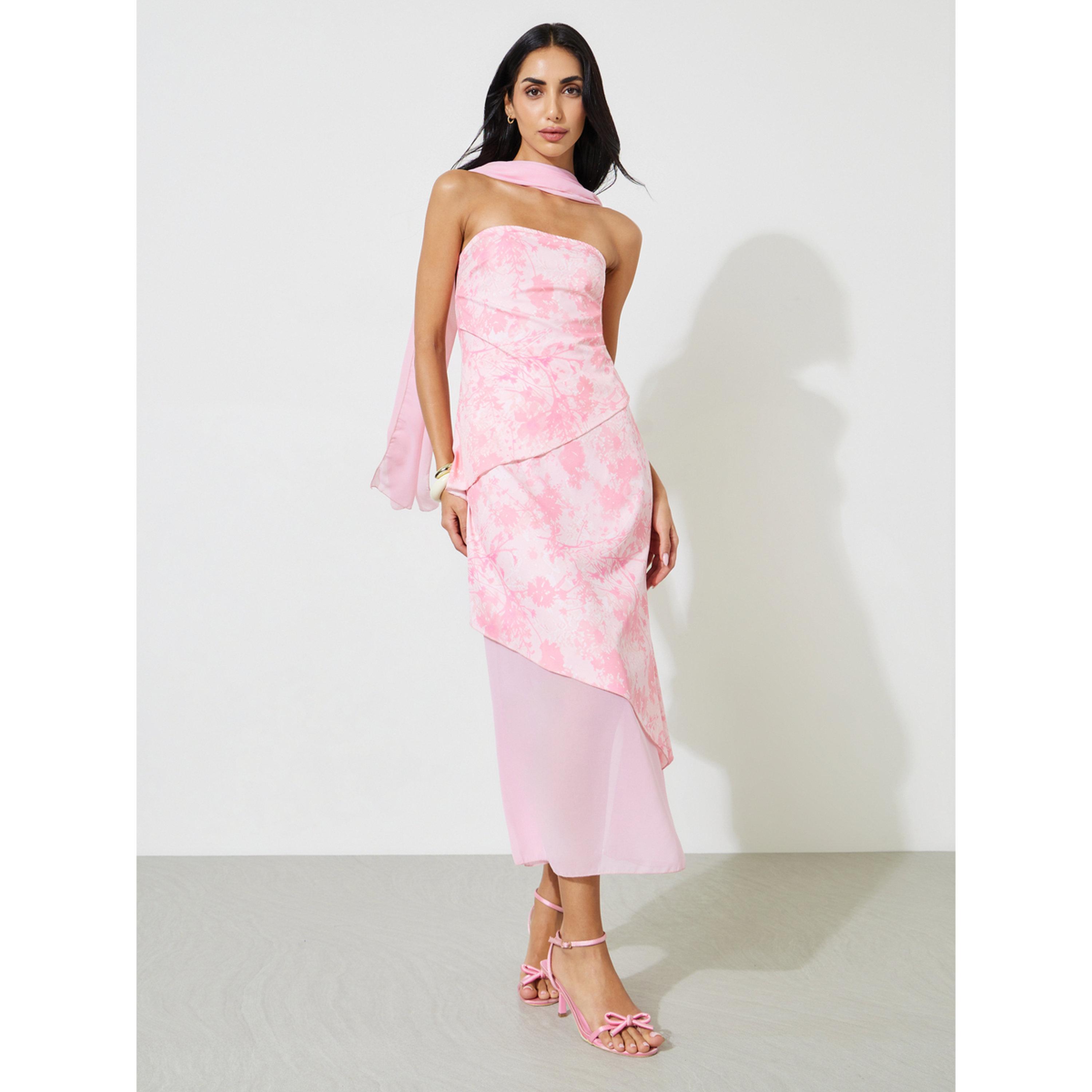 Styli Pink Graphic Print A-Line Midi Dress with Scarf-women-clothing-dresses-image-1