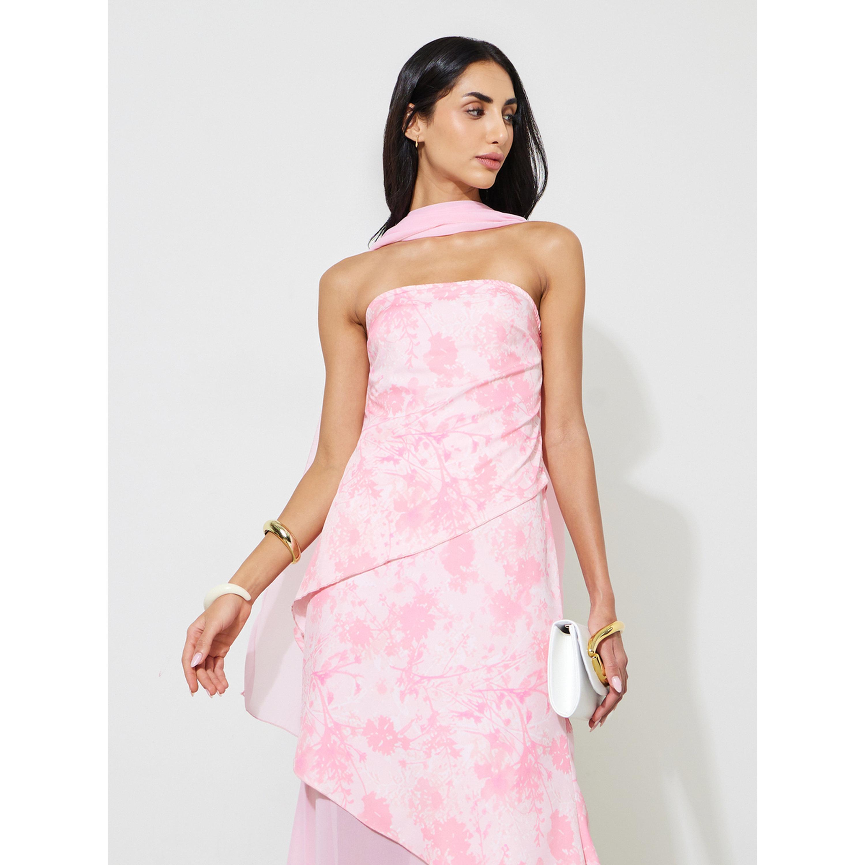 Styli Pink Graphic Print A-Line Midi Dress with Scarf-women-clothing-dresses-image-2