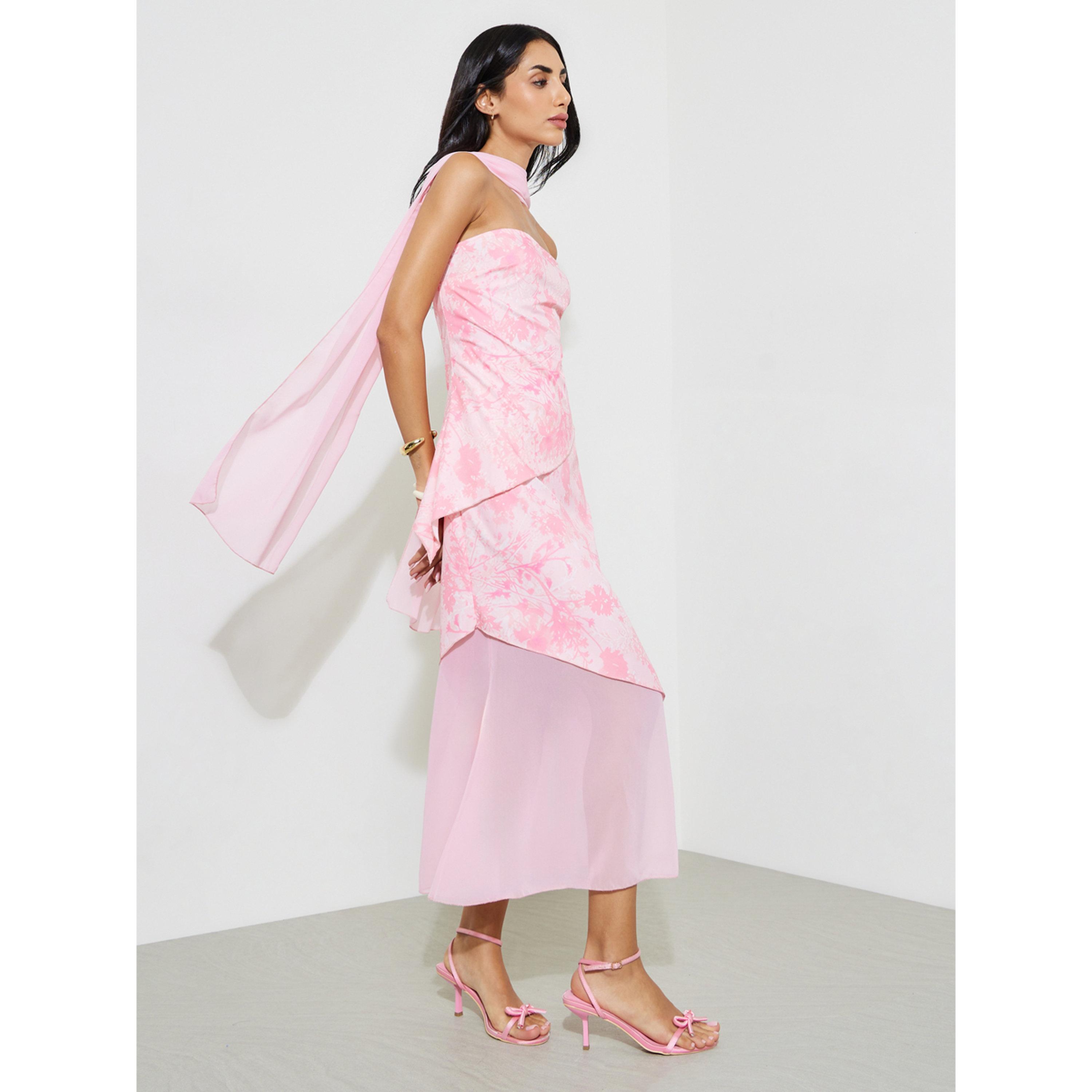 فستان ميدي بحافة واسعة بطبعة جرافيك مع وشاح-women-clothing-dresses-image-3