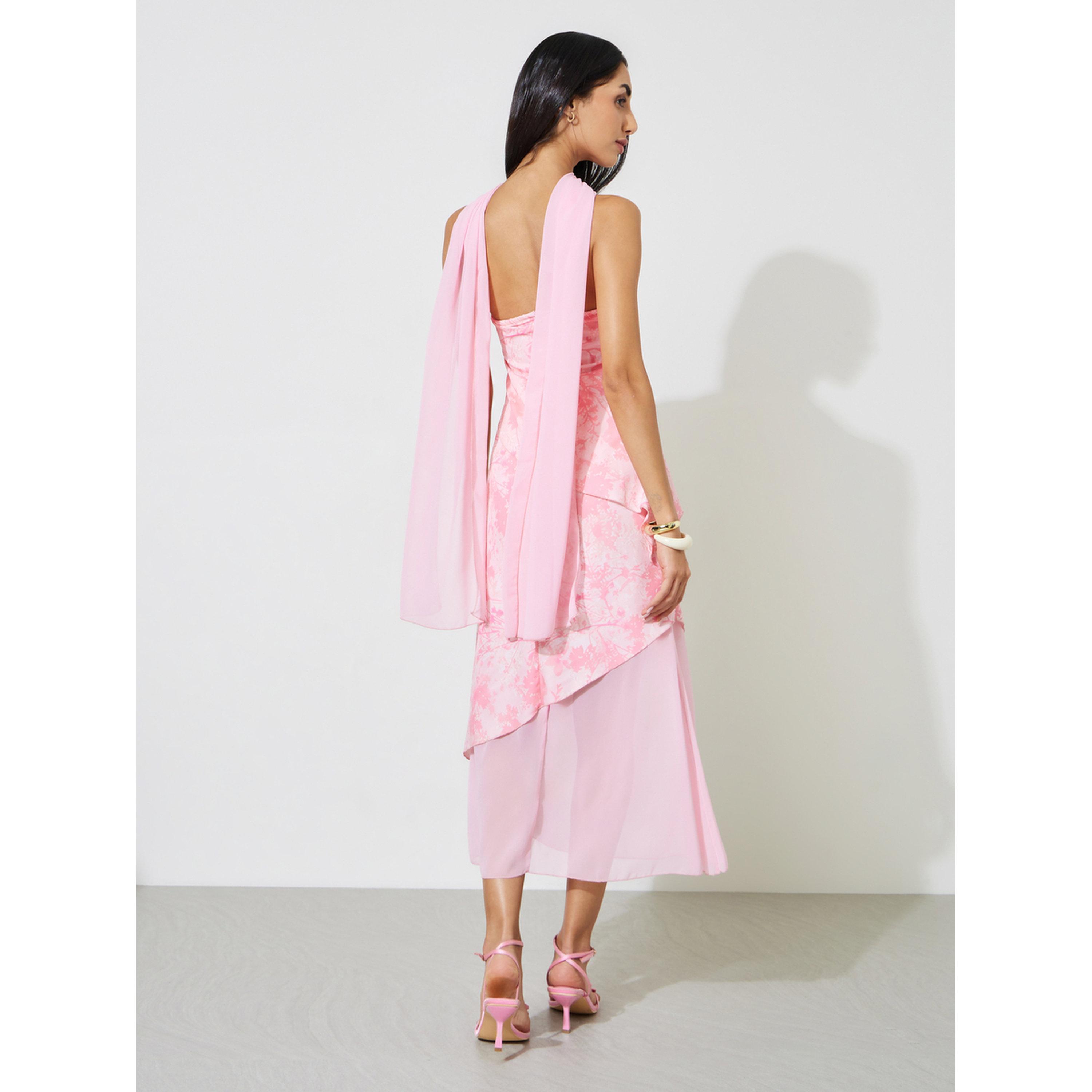 Styli Pink Graphic Print A-Line Midi Dress with Scarf-women-clothing-dresses-image-4