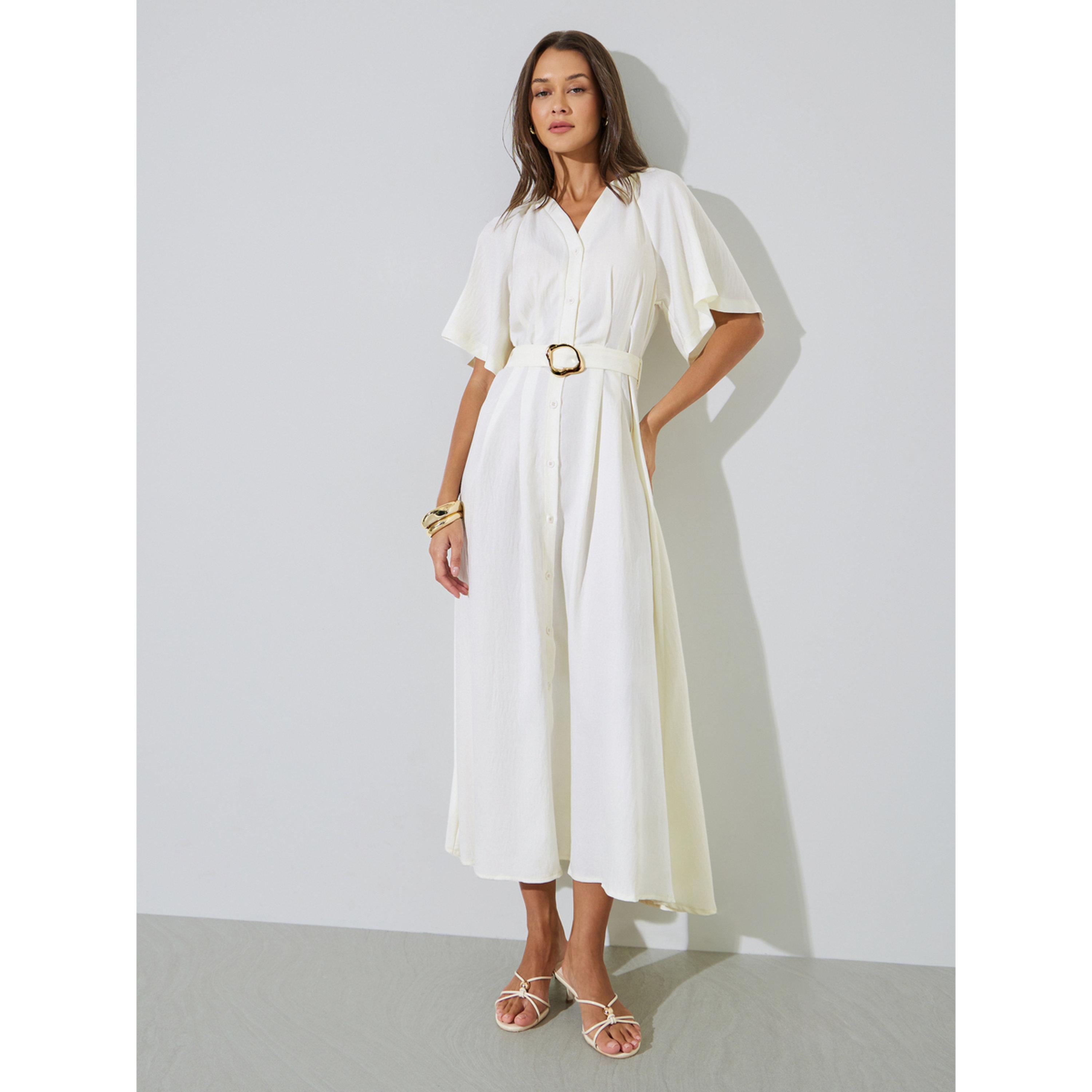 Styli Beige Solid Belted Waist Casual A-Line Maxi Dress-women-clothing-dresses-image-1