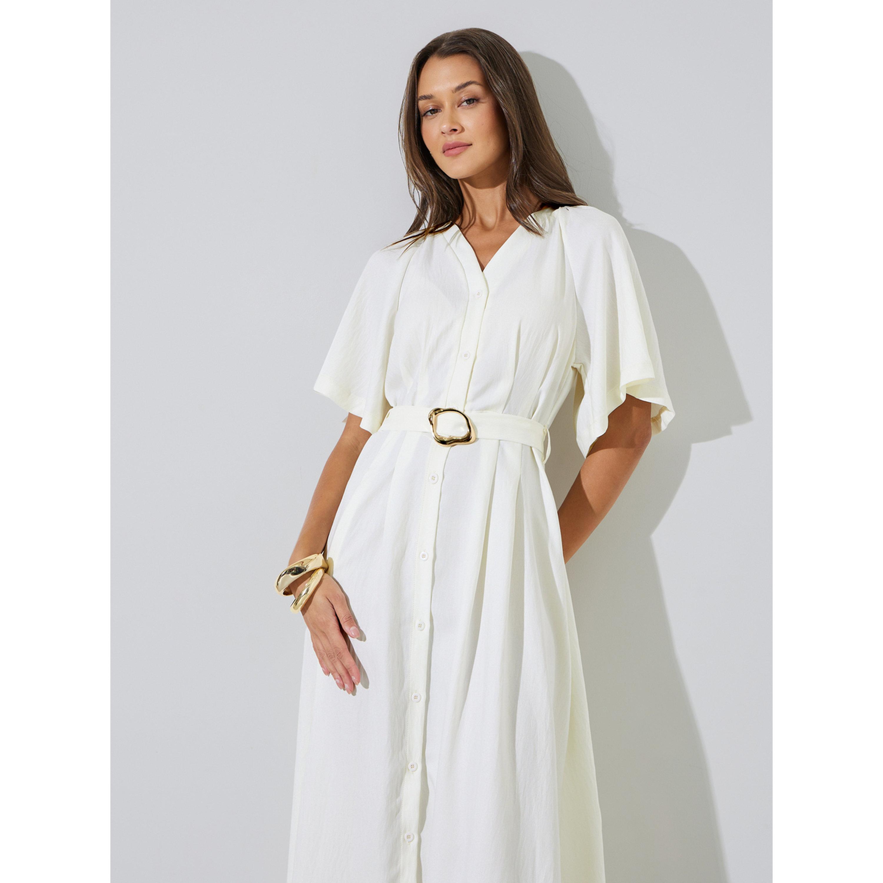 Styli Beige Solid Belted Waist Casual A-Line Maxi Dress-women-clothing-dresses-image-2