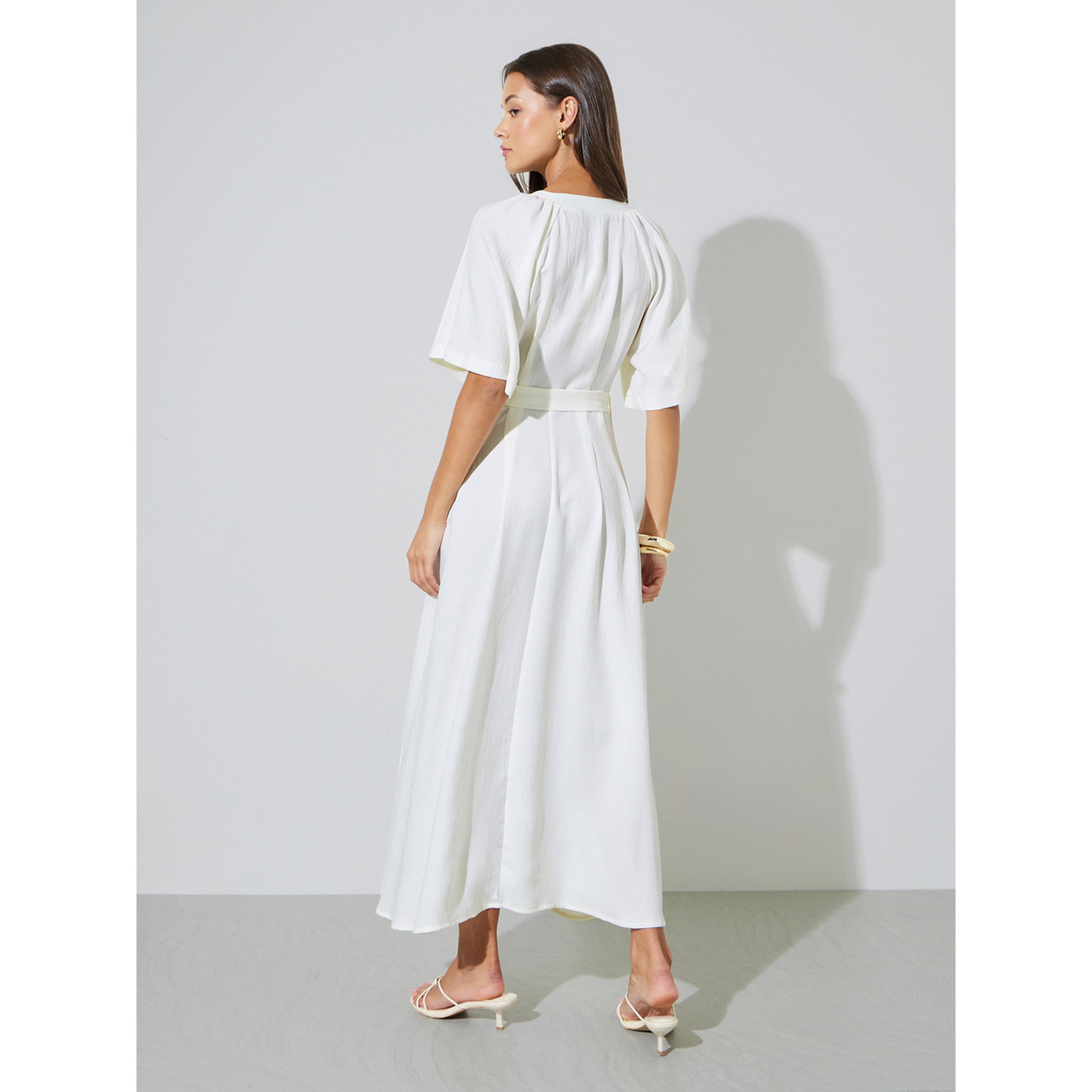 Styli Beige Solid Belted Waist Casual A-Line Maxi Dress-women-clothing-dresses-image-3