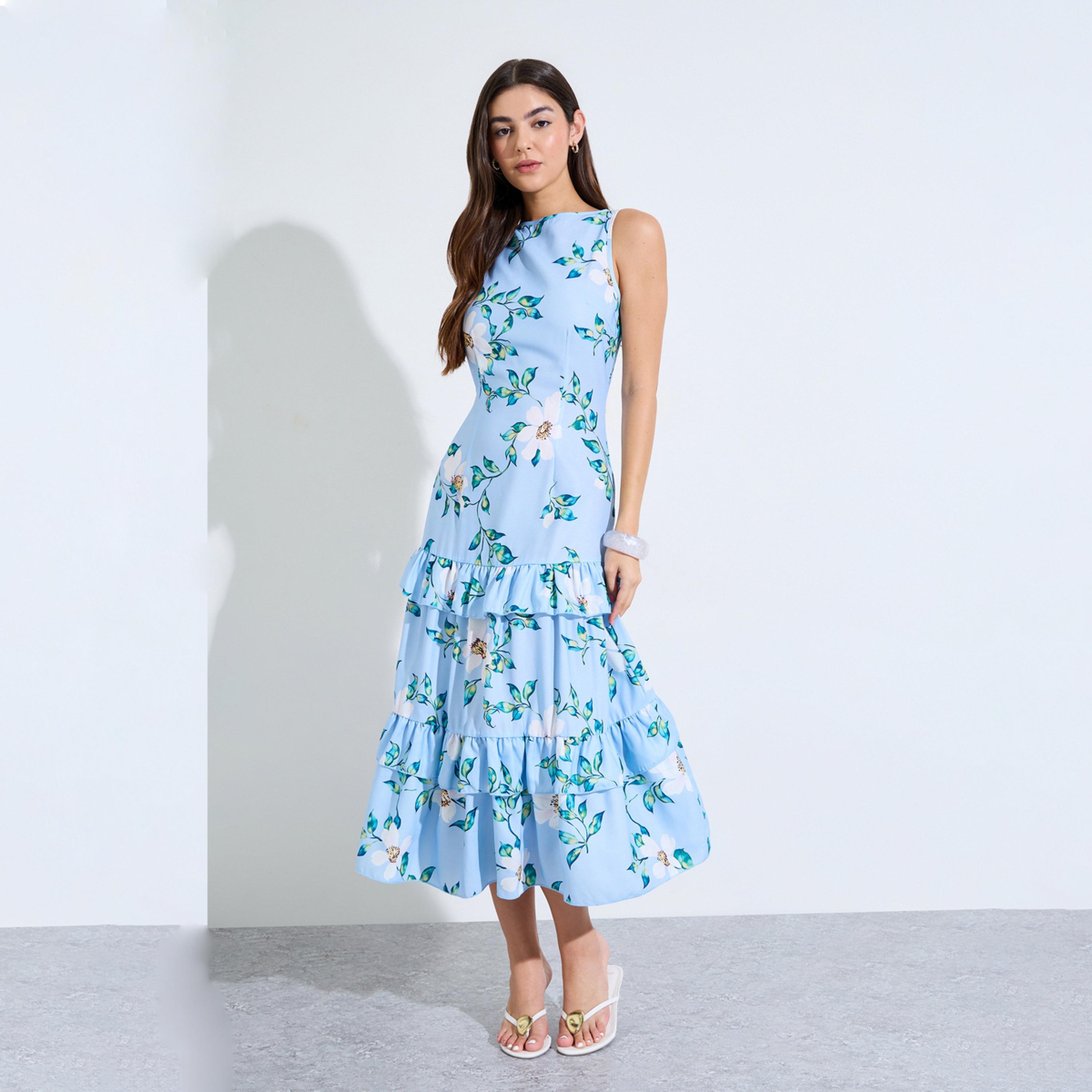 Styli Blue Floral Print Sleeveless Flare Midi Dress-women-clothing-dresses-image-1