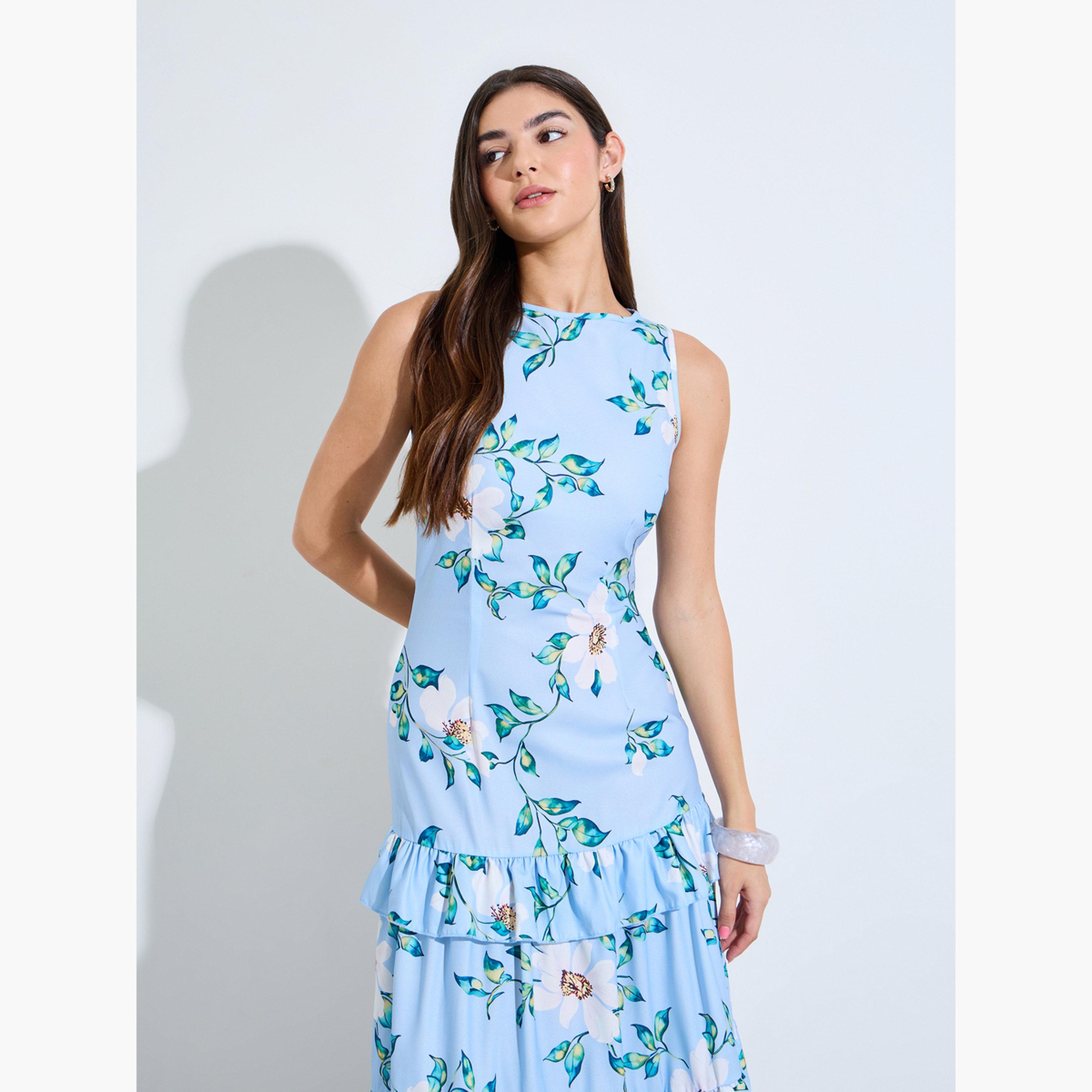 ستايلي - فستان ميدي واسع بدون أكمام بنقشة زهور زرقاء-women-clothing-dresses-image-2