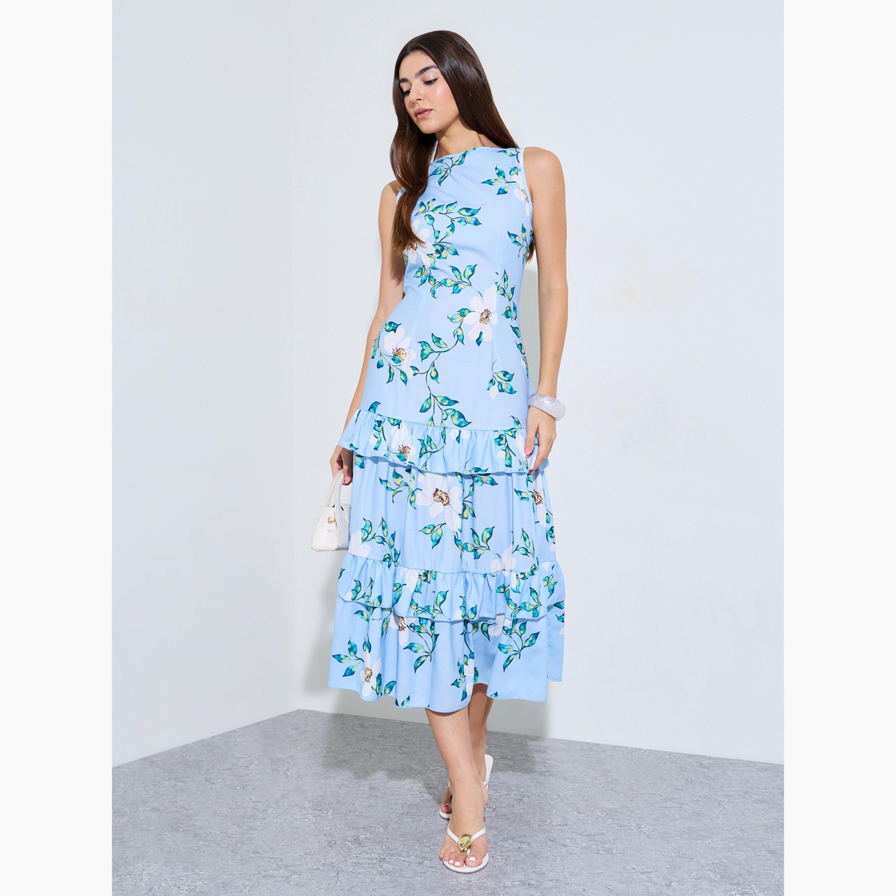 Styli Blue Floral Print Sleeveless Flare Midi Dress-women-clothing-dresses-image-3