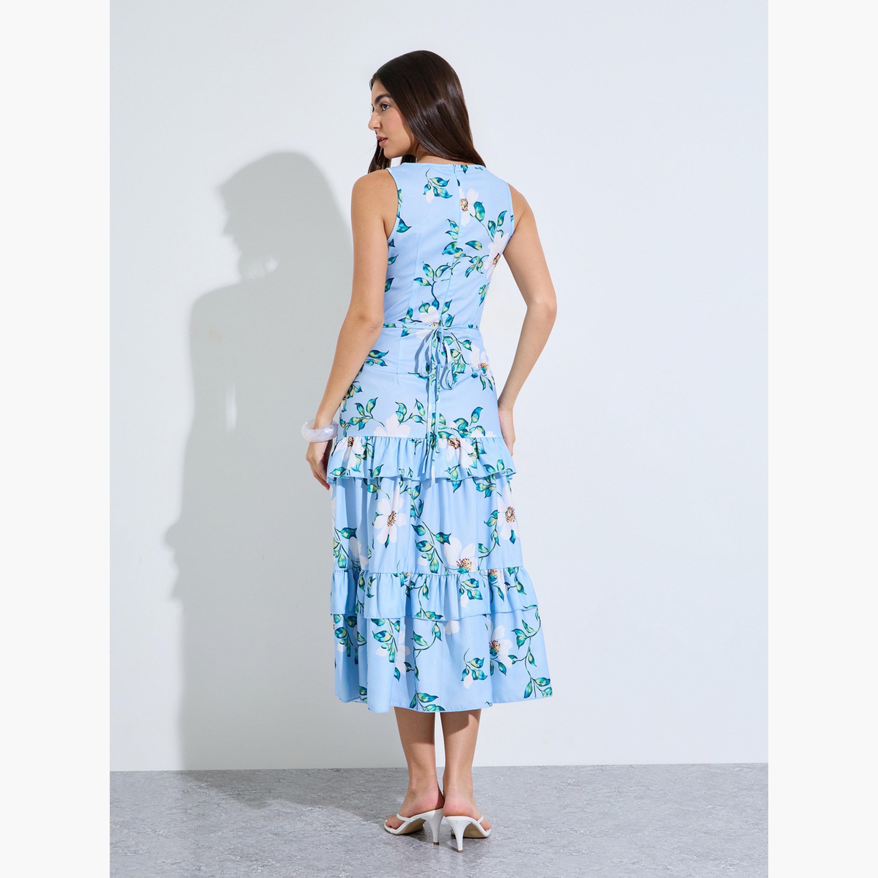 ستايلي - فستان ميدي واسع بدون أكمام بنقشة زهور زرقاء-women-clothing-dresses-image-4