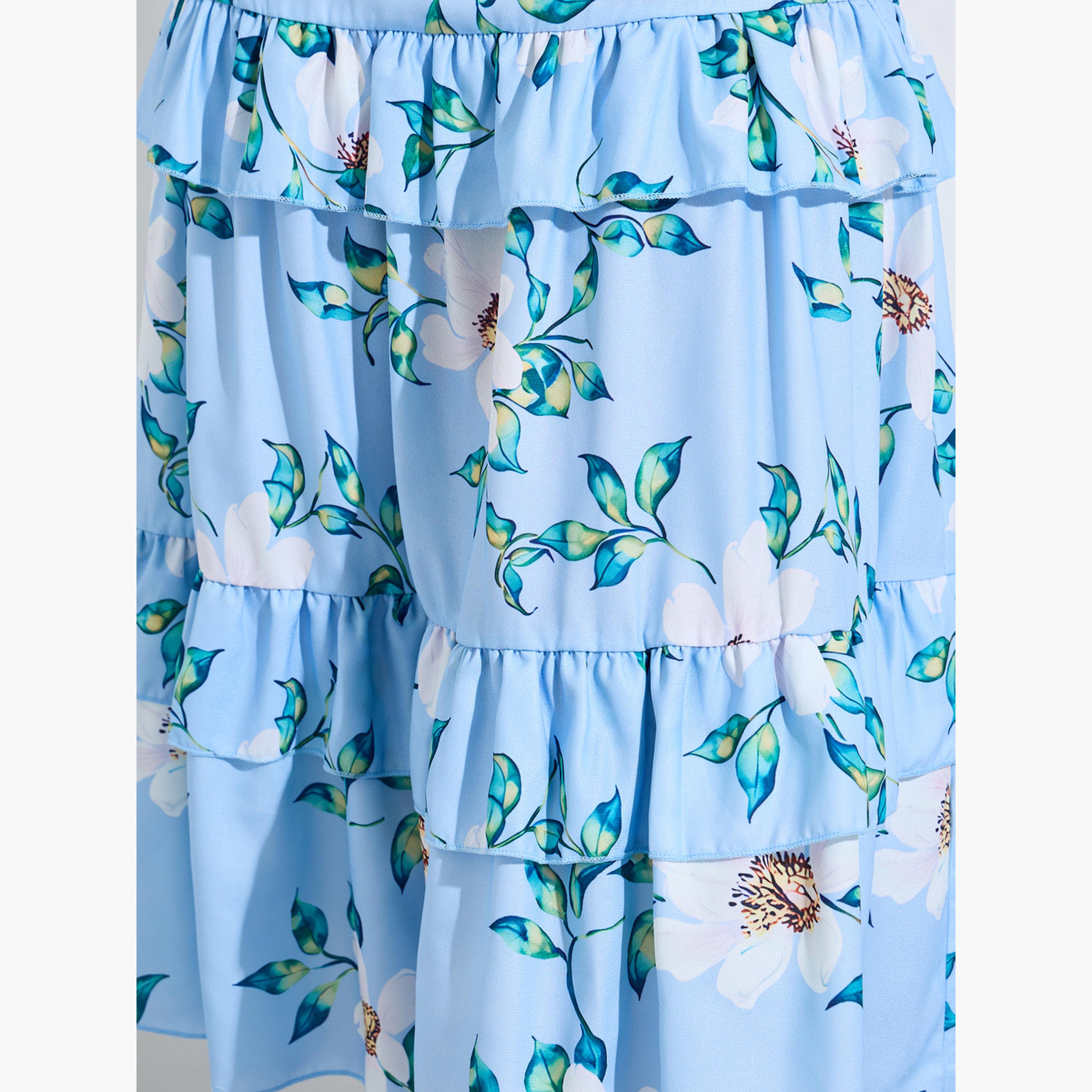 Styli Blue Floral Print Sleeveless Flare Midi Dress-women-clothing-dresses-image-5