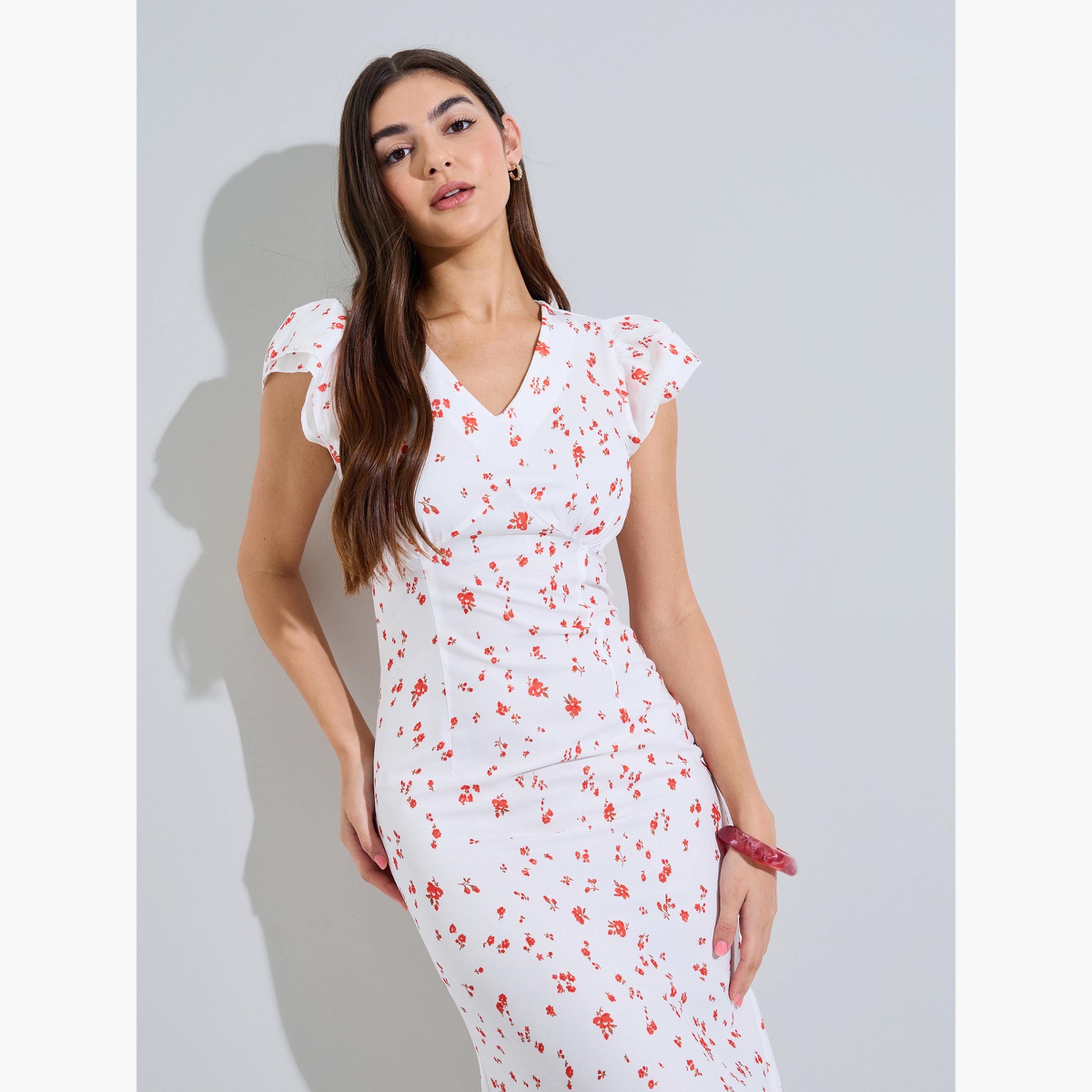 ستايلي - فستان ميدي واسع بدون أكمام بطبعة زهور بيضاء-women-clothing-dresses-image-2