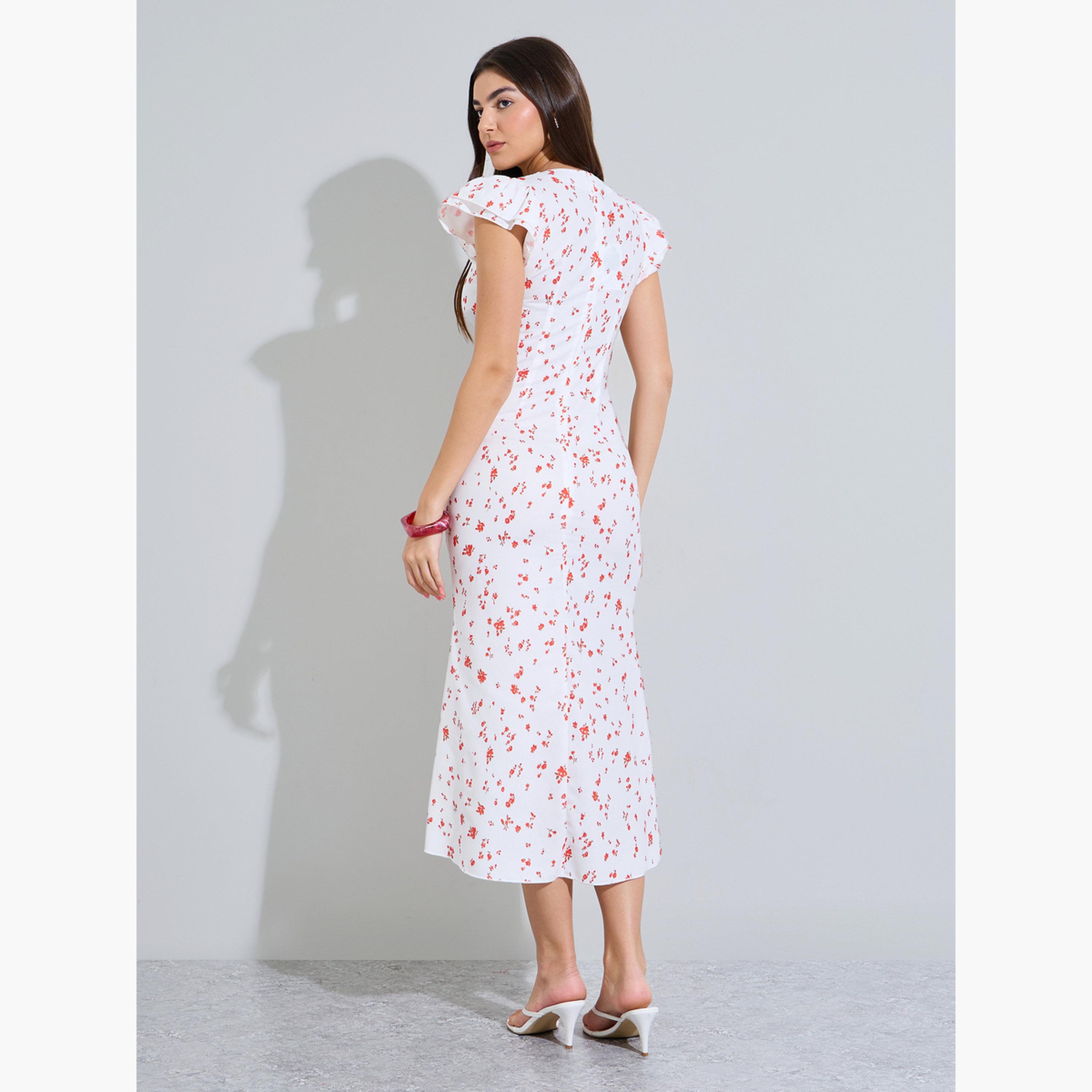 ستايلي - فستان ميدي واسع بدون أكمام بطبعة زهور بيضاء-women-clothing-dresses-image-4