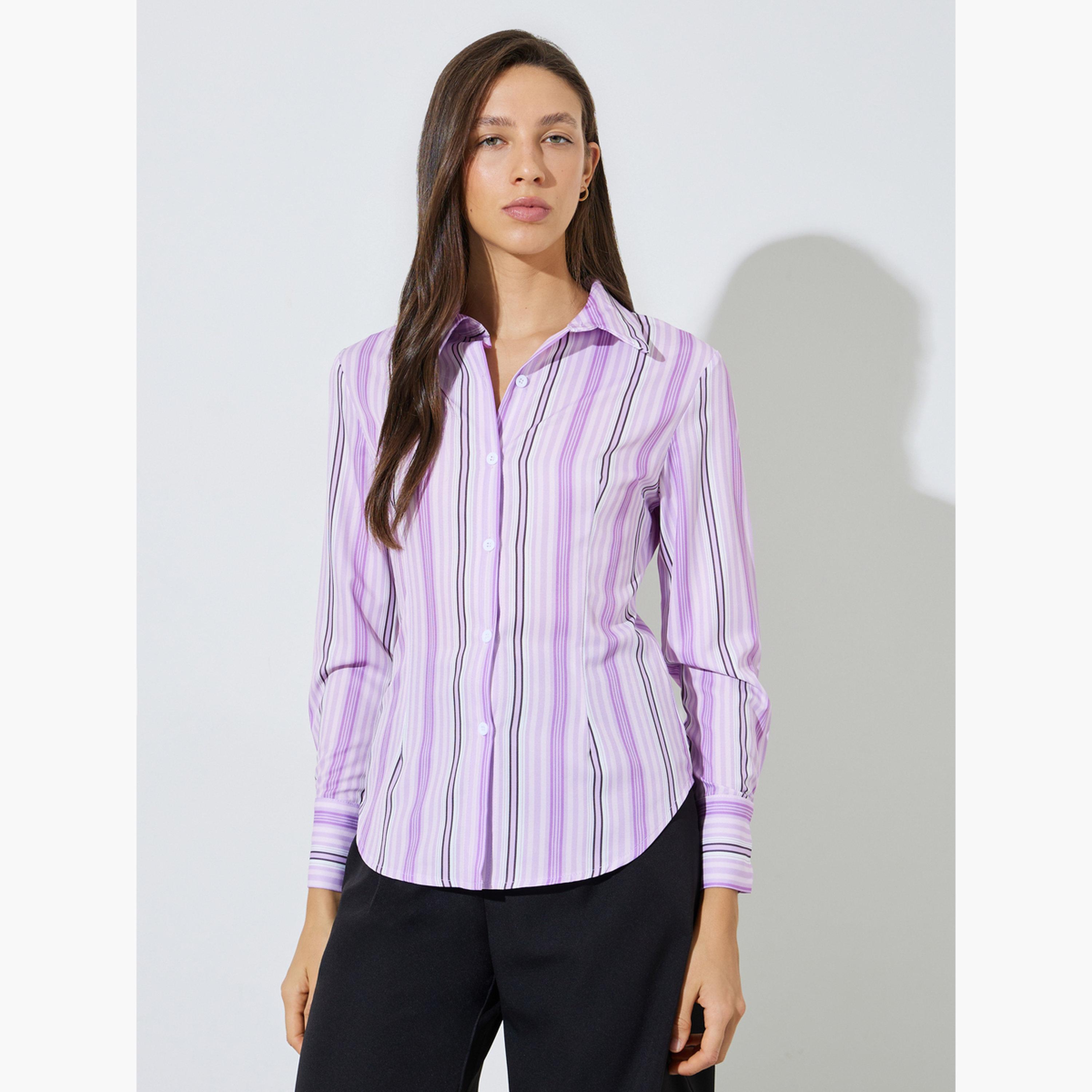 بلوزة مخططة بقصة ضيقة وأكمام طويلة-women-clothing-shirtsandblouses-shirts-image-1