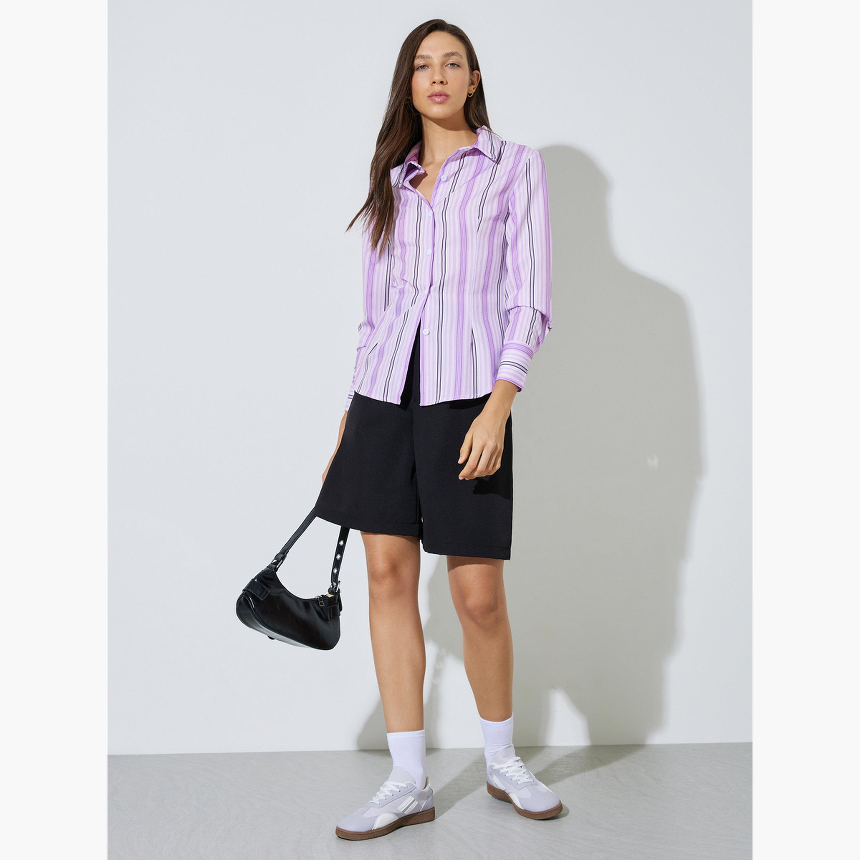 بلوزة مخططة بقصة ضيقة وأكمام طويلة-women-clothing-shirtsandblouses-shirts-image-2