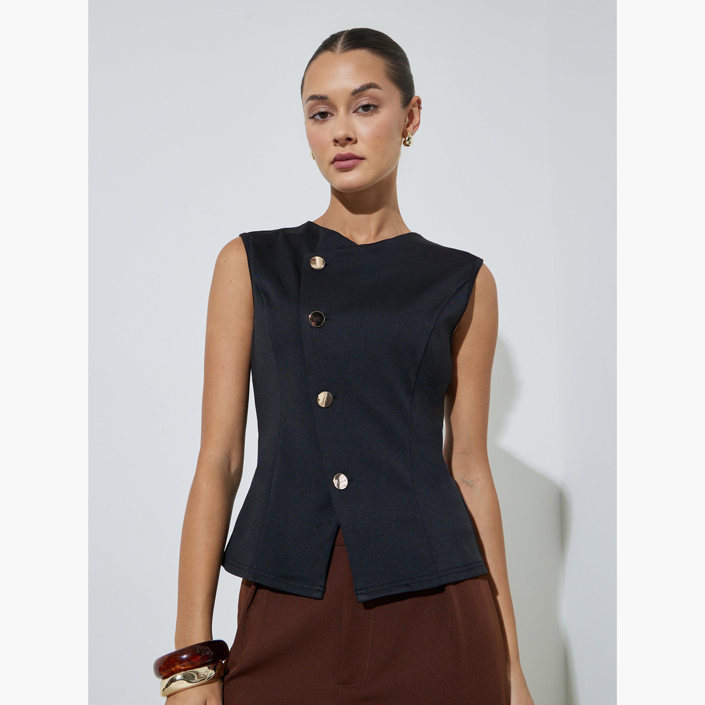 Styli Black Asymmetrical Placket Tank Top-women-clothing-shirtsandblouses-blouses-image-1
