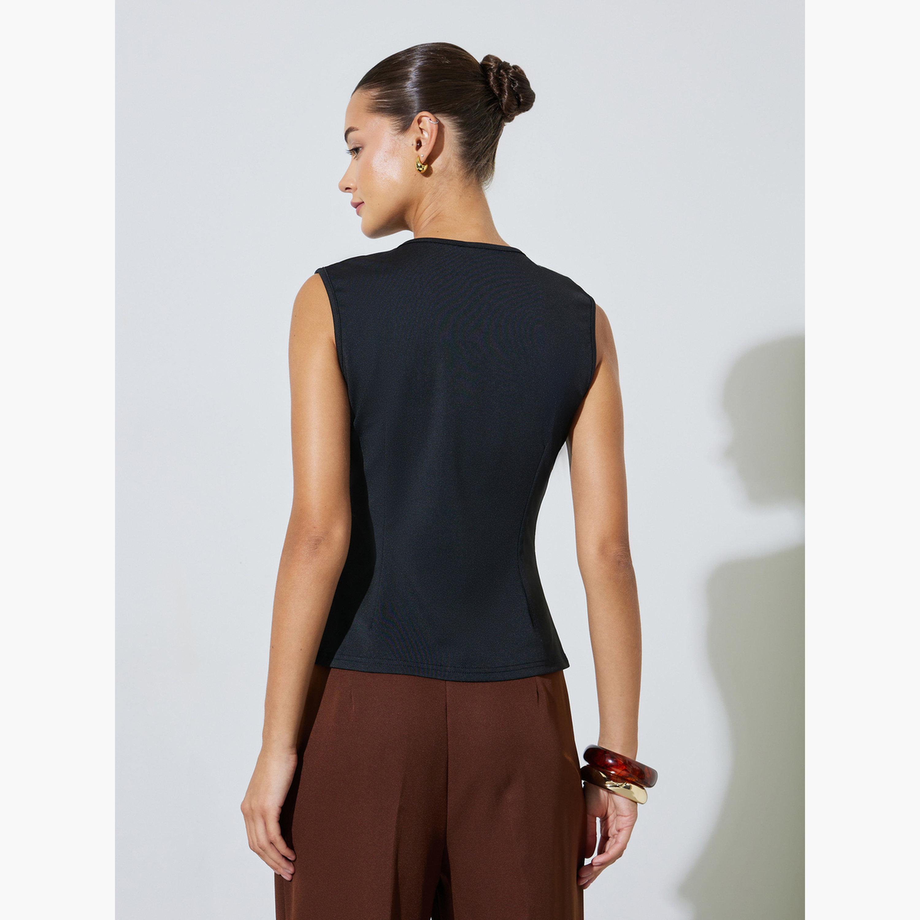 Styli Black Asymmetrical Placket Tank Top-women-clothing-shirtsandblouses-blouses-image-4