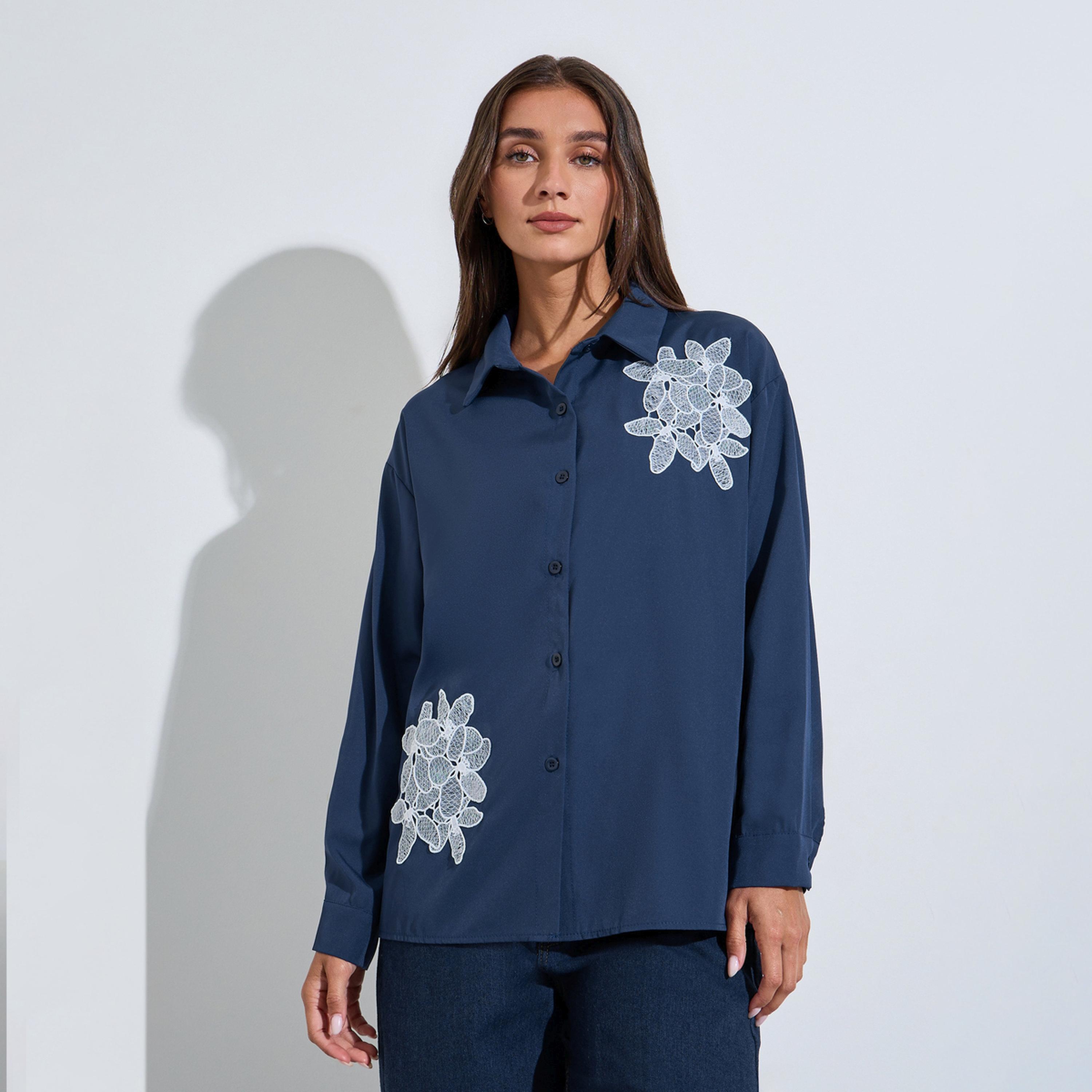 Styli Blue Embroidered Long Sleeves Shirt-women-clothing-shirtsandblouses-shirts-image-1