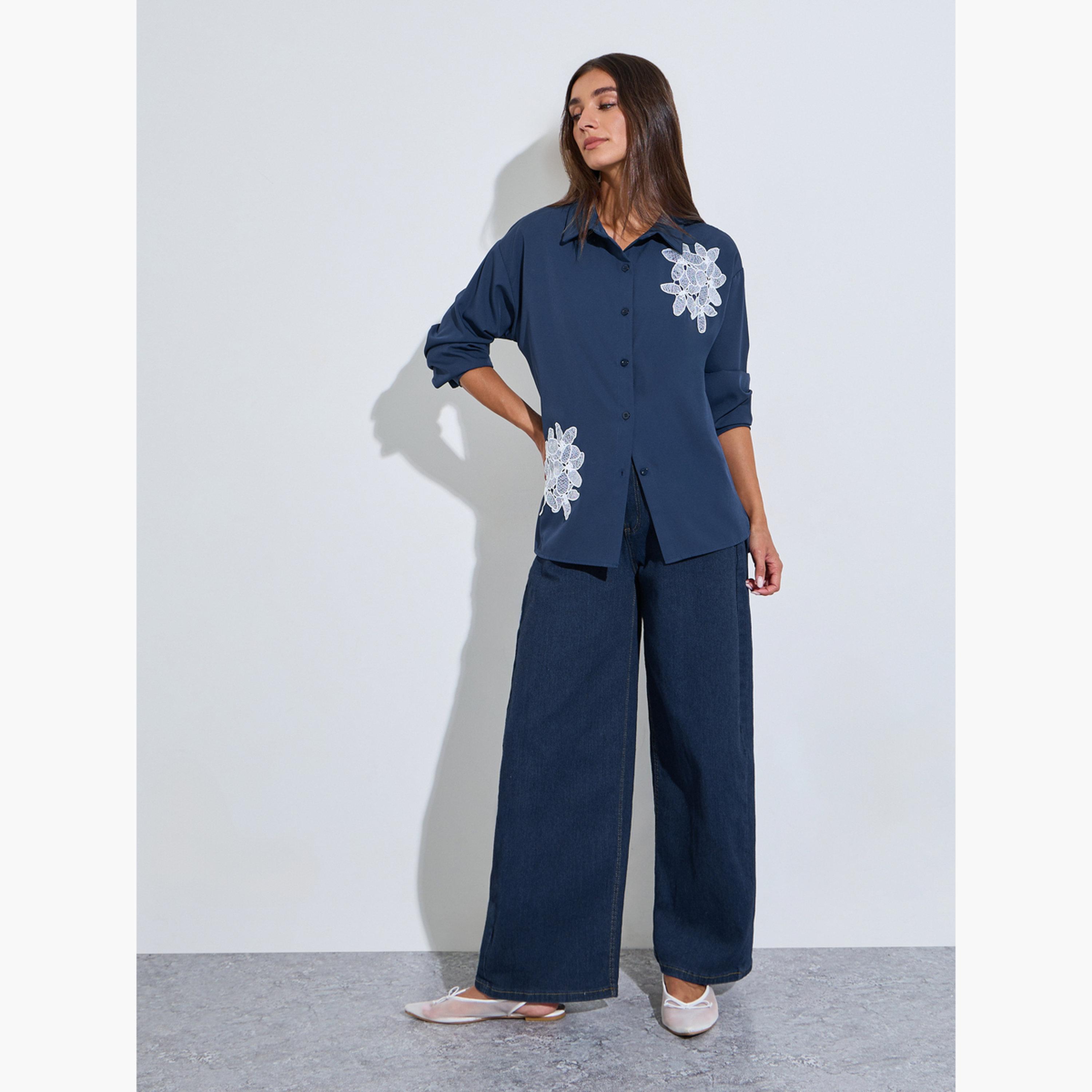 Styli Blue Embroidered Long Sleeves Shirt-women-clothing-shirtsandblouses-shirts-image-2