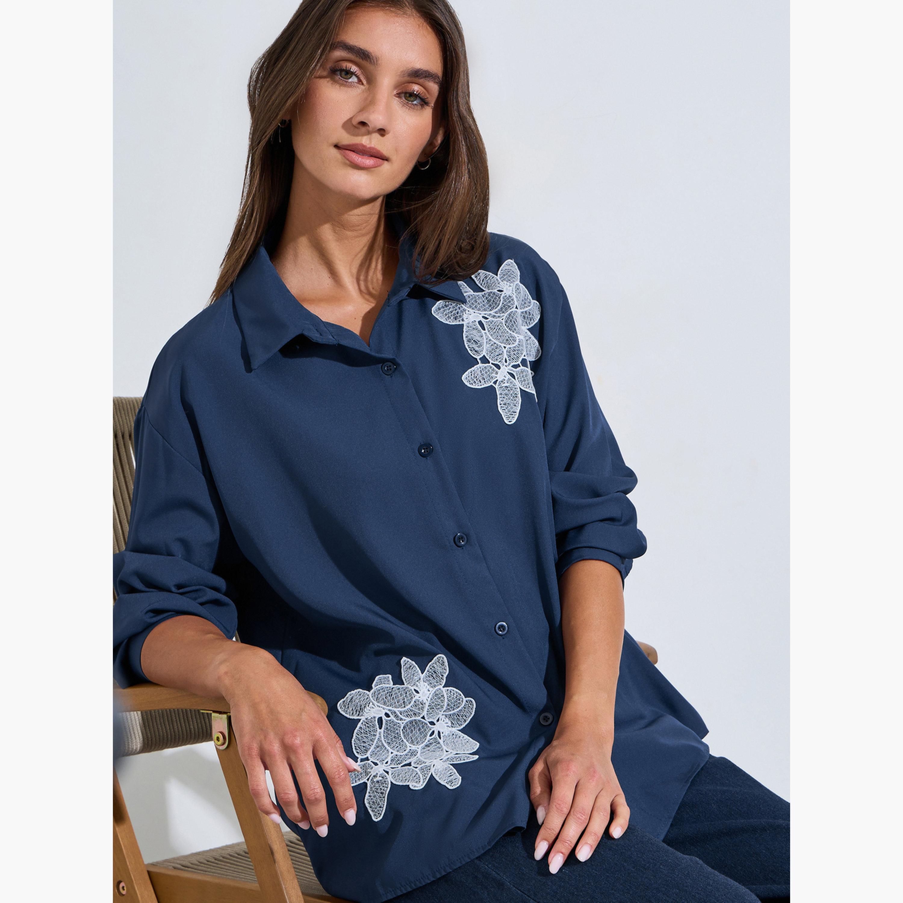 قميص بأكمام طويلة وتطريز لون أزرق-women-clothing-shirtsandblouses-shirts-image-3