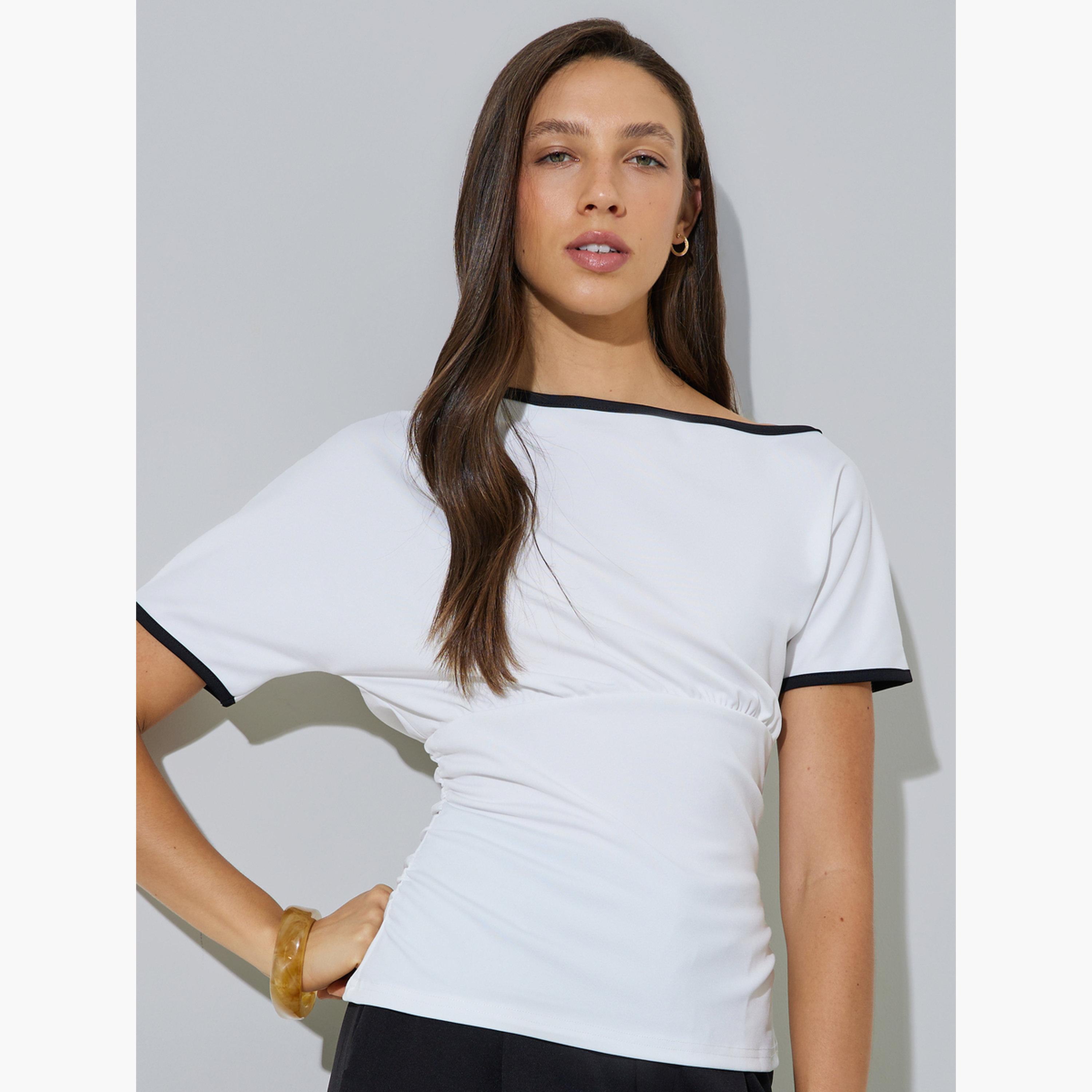 Styli White Short Sleeve Knit Top with Contrast Trim-women-clothing-shirtsandblouses-blouses-image-3