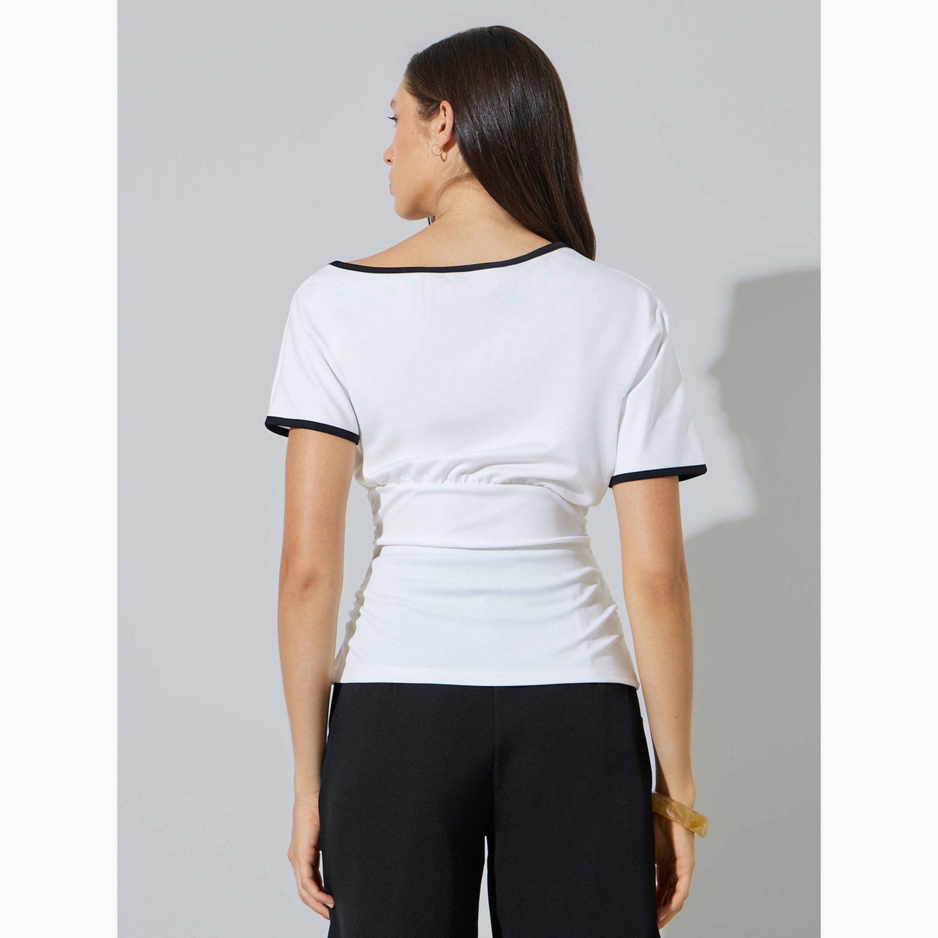 Styli White Short Sleeve Knit Top with Contrast Trim-women-clothing-shirtsandblouses-blouses-image-4