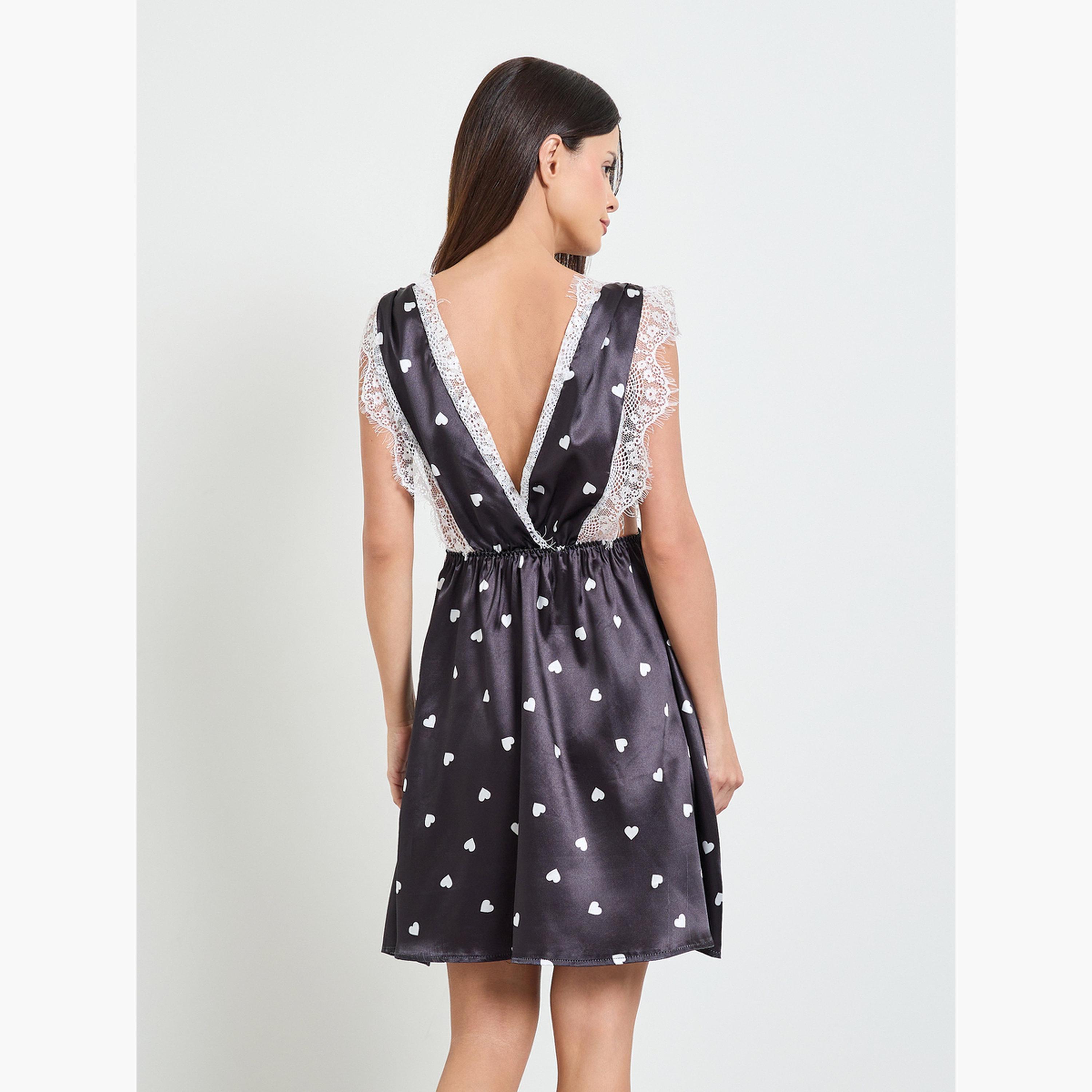 Take Two Black Heart Print Satin Slip Dress with Lace Trim-women-clothing-nightwear-nighties-image-2