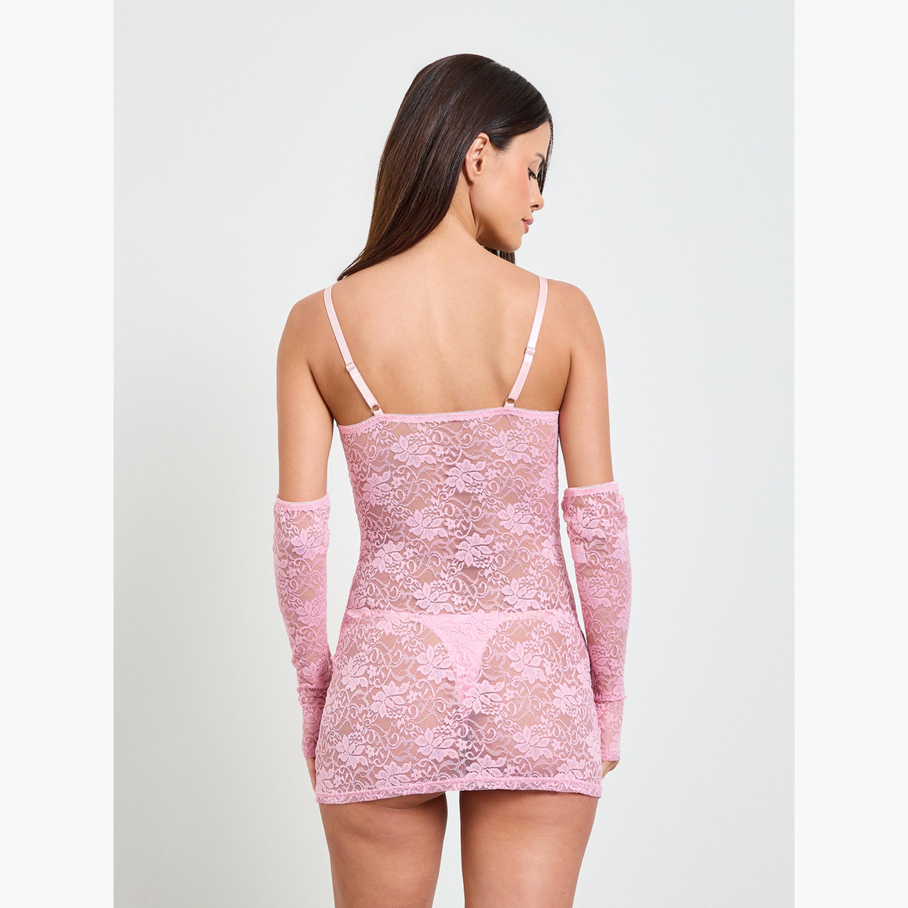 طقم من قميص نوم دانتيل بأكمام بفتحة إبهام مع ثونغ-women-clothing-lingerie-lingeriesets-image-2