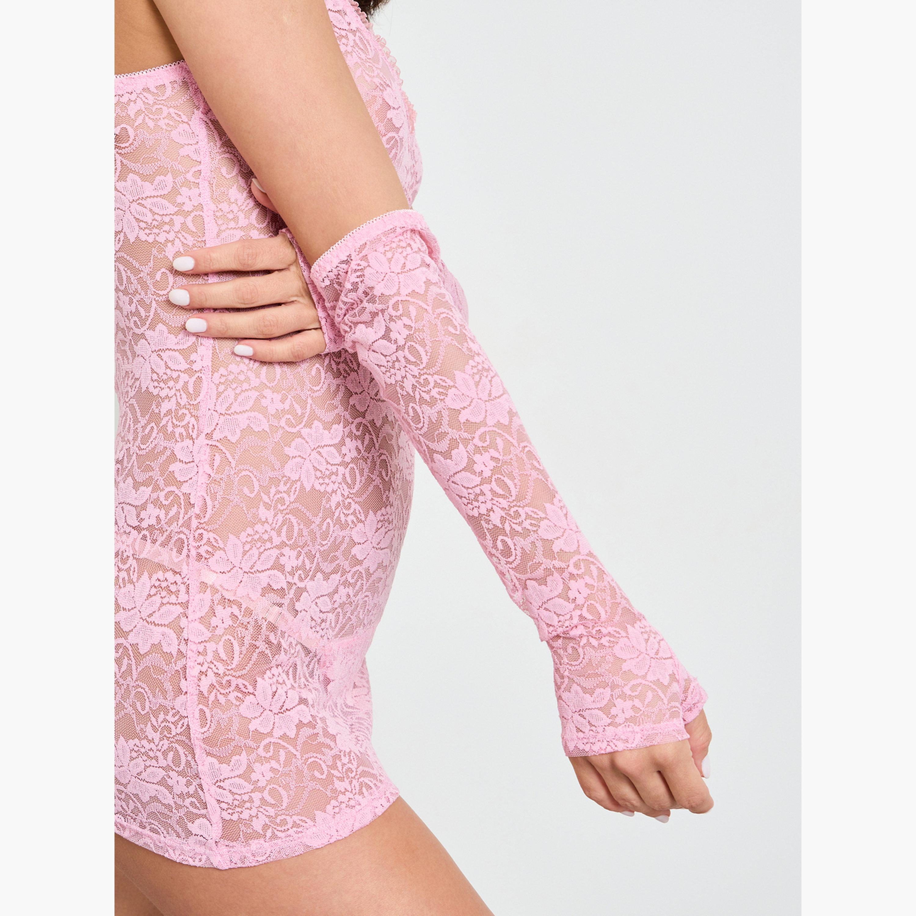 طقم من قميص نوم دانتيل بأكمام بفتحة إبهام مع ثونغ-women-clothing-lingerie-lingeriesets-image-4