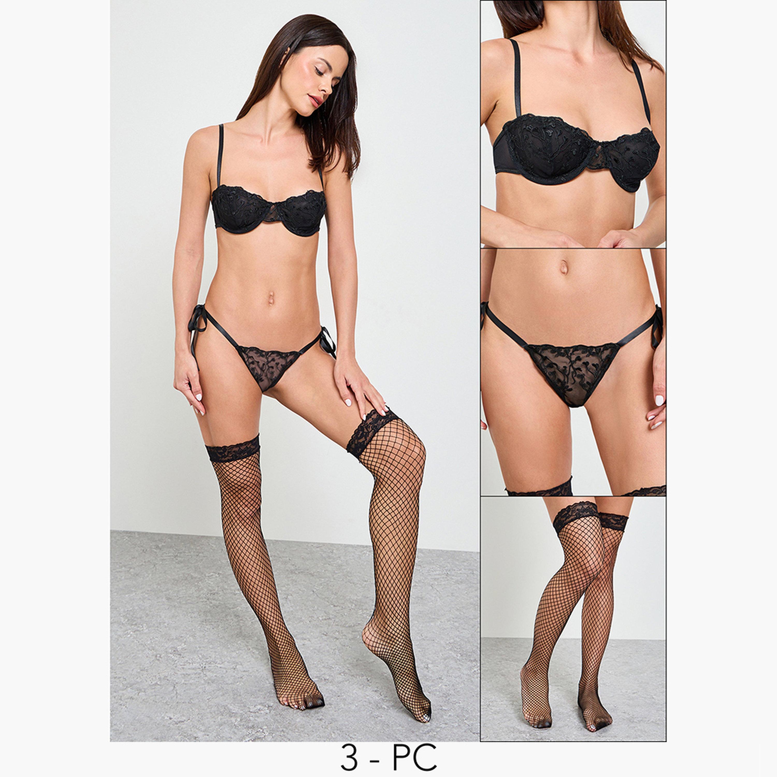 Take Two Black Pack of 3 - Lace Wired Bra, Thong and Stocking Set-women-clothing-lingerie-lingeriesets-image-1