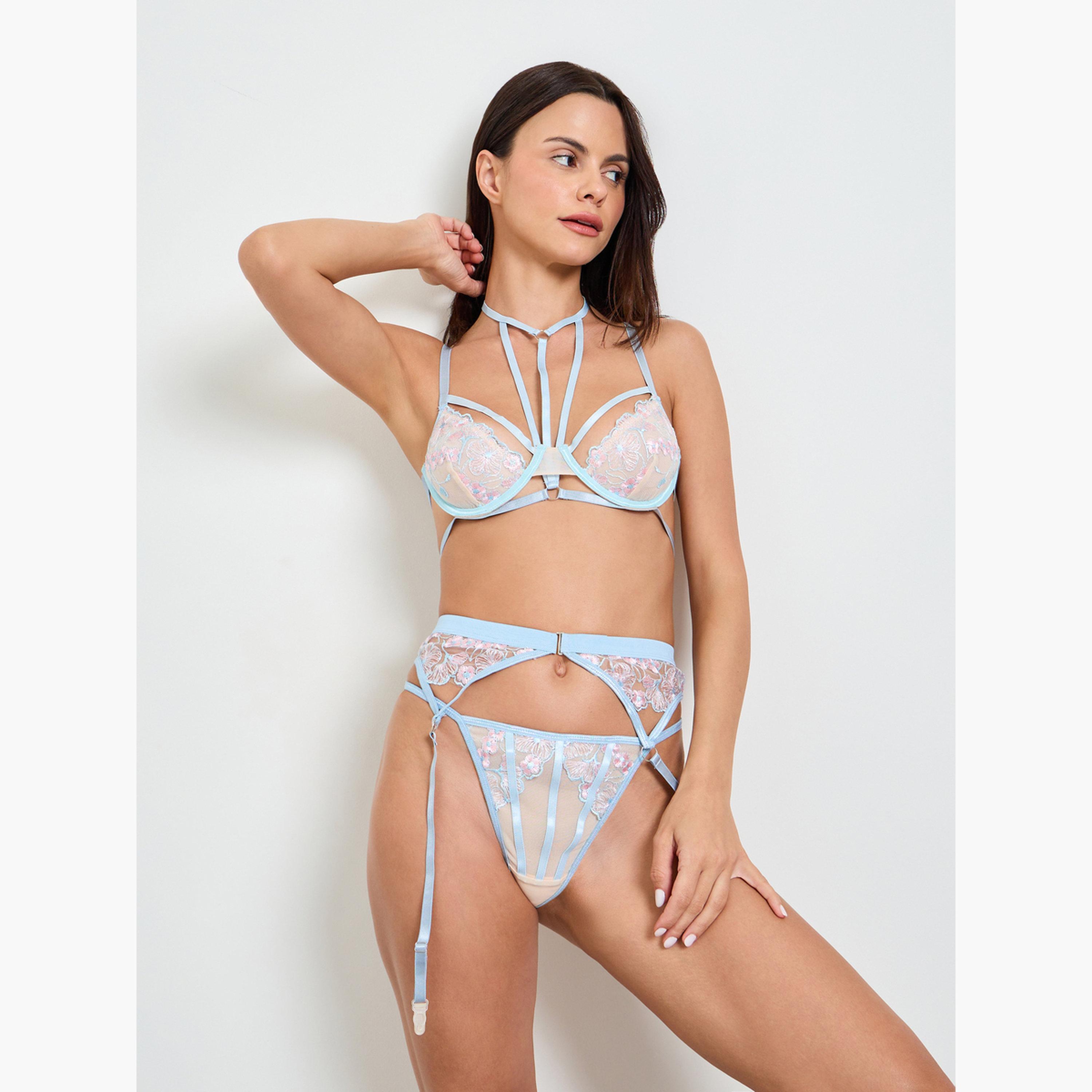 Take Two Light Blue Pack of 3 - Floral Embroidery Wired Bra, Thong and Suspender Set-women-clothing-lingerie-lingeriesets-image-1
