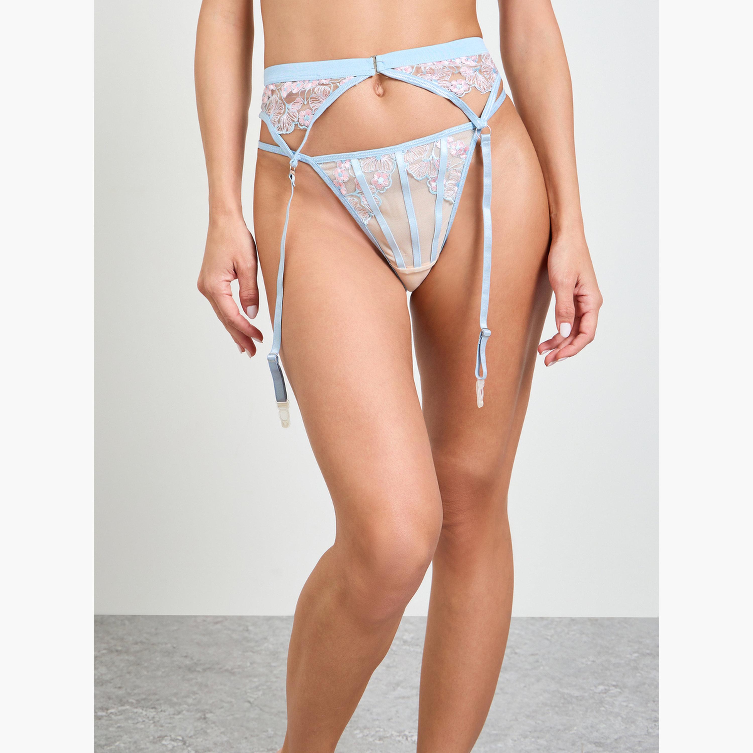 Take Two Light Blue Pack of 3 - Floral Embroidery Wired Bra, Thong and Suspender Set-women-clothing-lingerie-lingeriesets-image-4