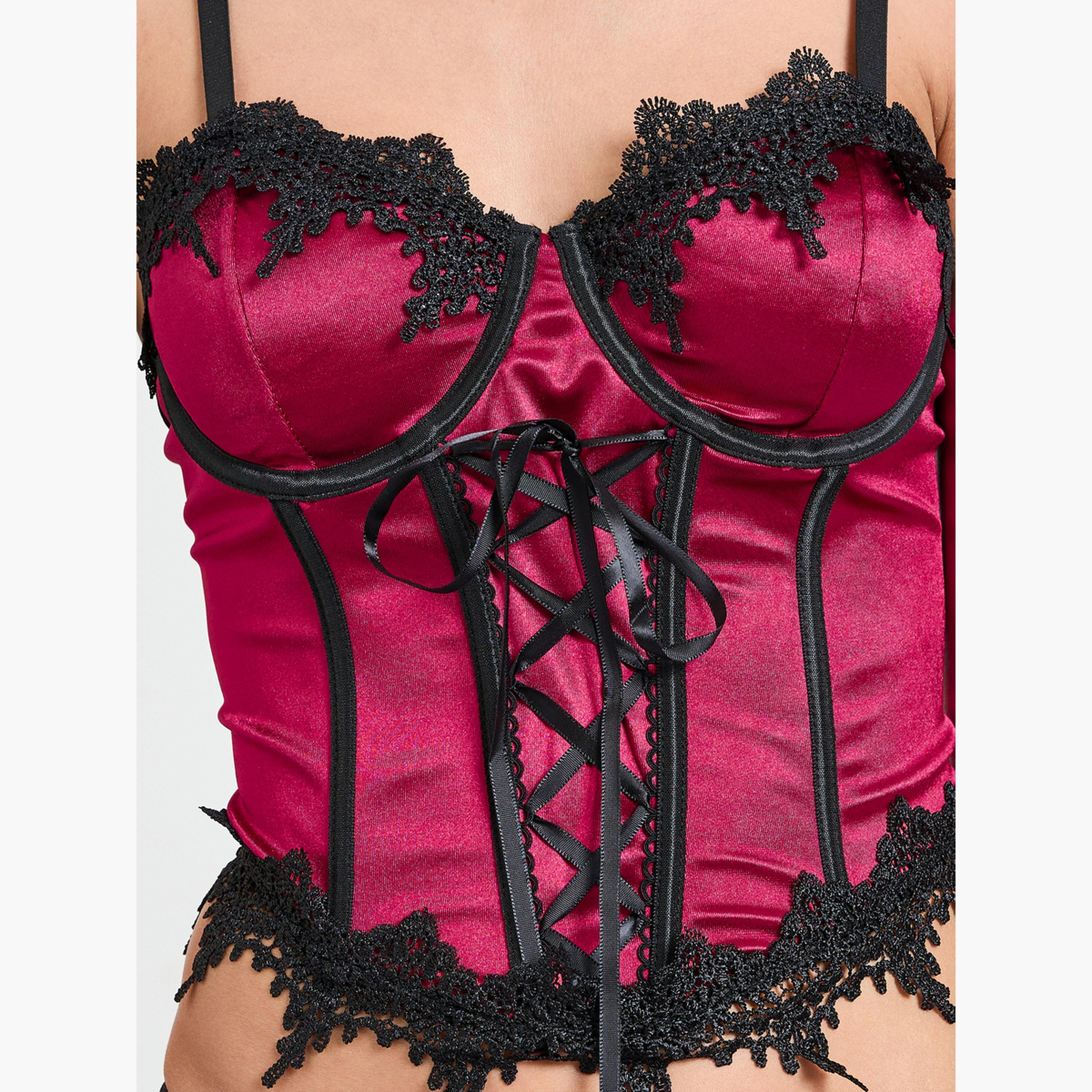 Take Two Burgundy Lace Trim Wired Corset and Thong Lingerie Set-women-clothing-lingerie-lingeriesets-image-5