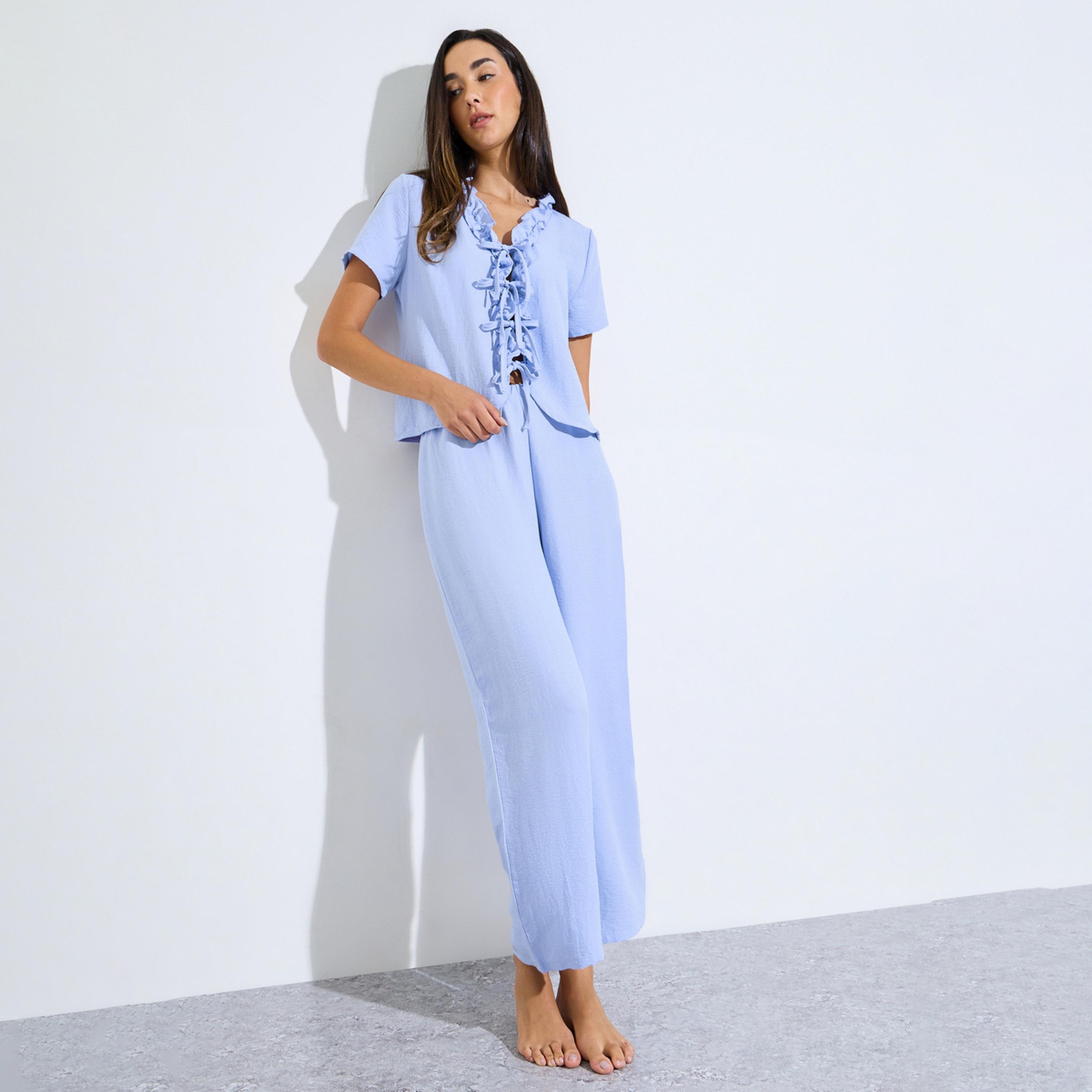 Styli Blue Tie-Up Detail Ruffled Top and Pants Pyjama Set-women-clothing-nightwear-pyjamas-longsets-image-1