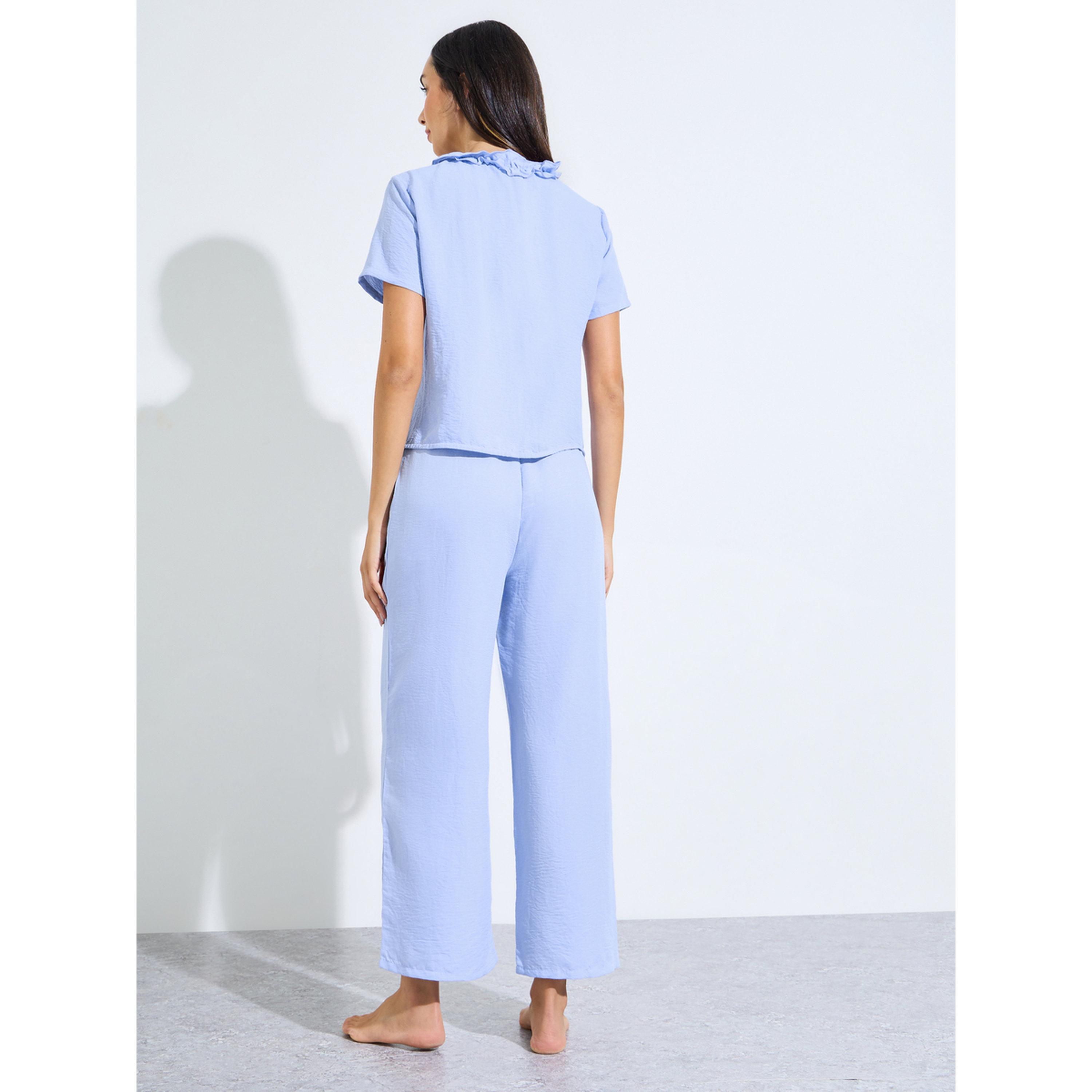 Styli Blue Tie-Up Detail Ruffled Top and Pants Pyjama Set-women-clothing-nightwear-pyjamas-longsets-image-4