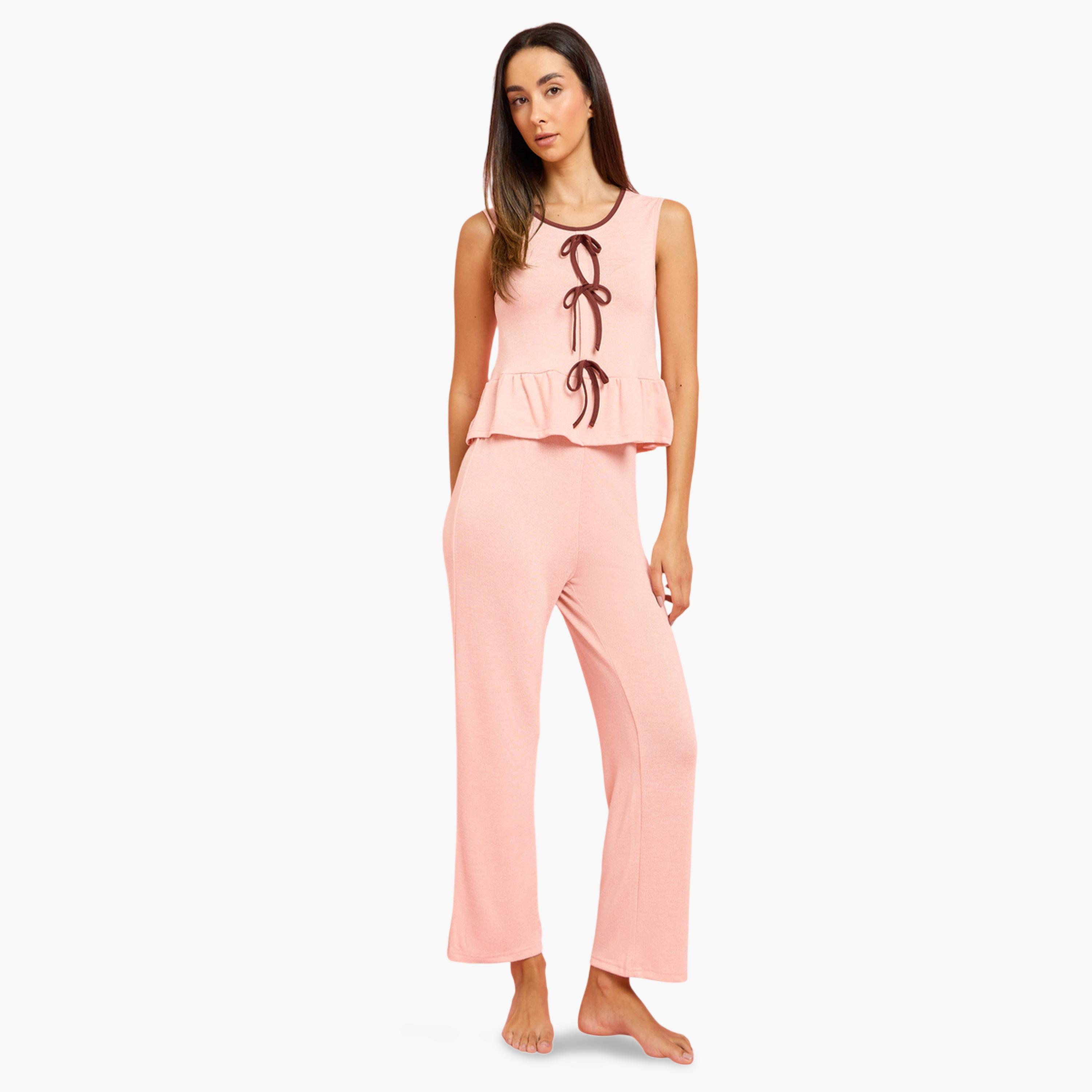 Styli Pink Bow Detail Top and Pyjama Set-women-clothing-nightwear-pyjamas-longsets-image-1