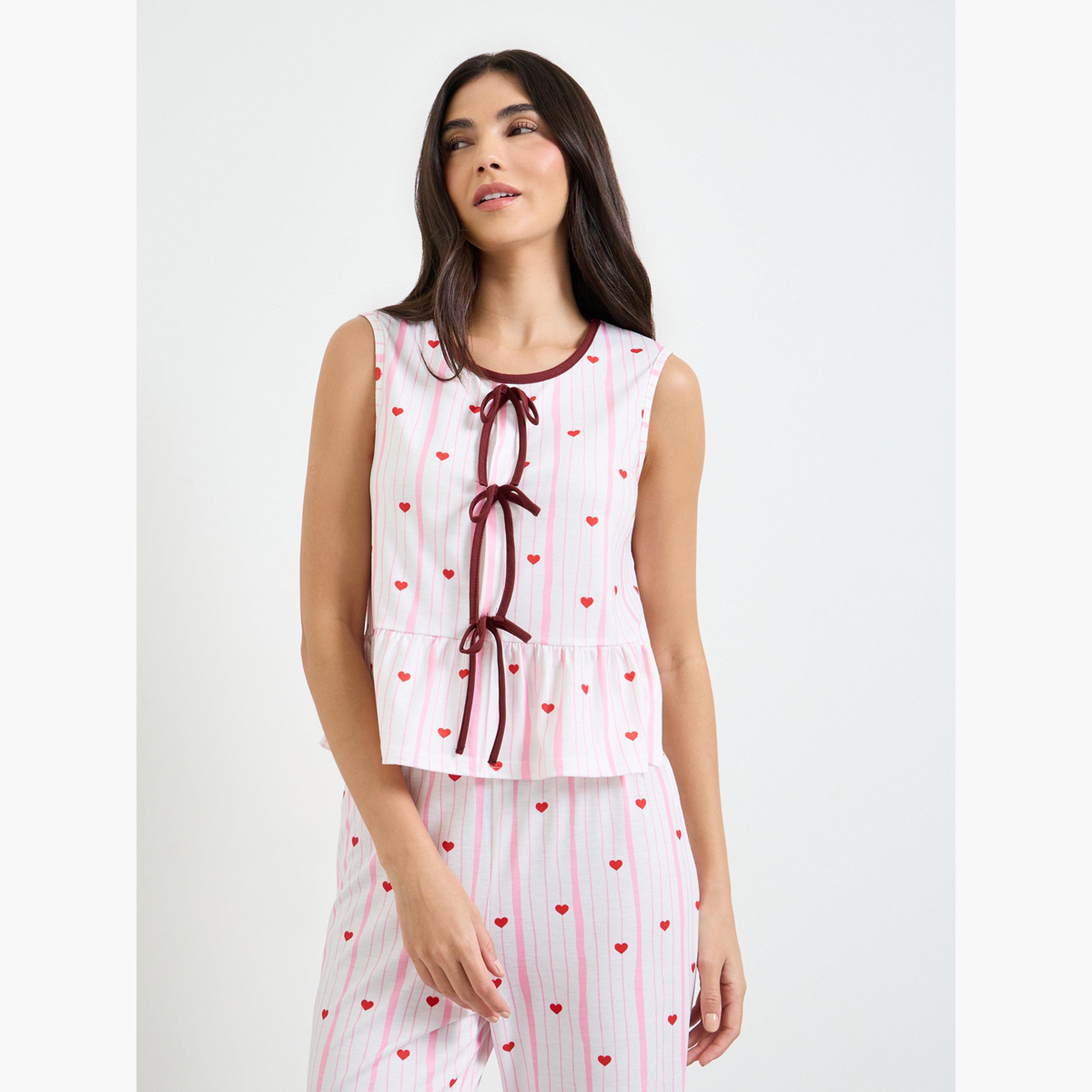 Styli White Heart Bow Detail Top and Pyjama Set-women-clothing-nightwear-pyjamas-longsets-image-2