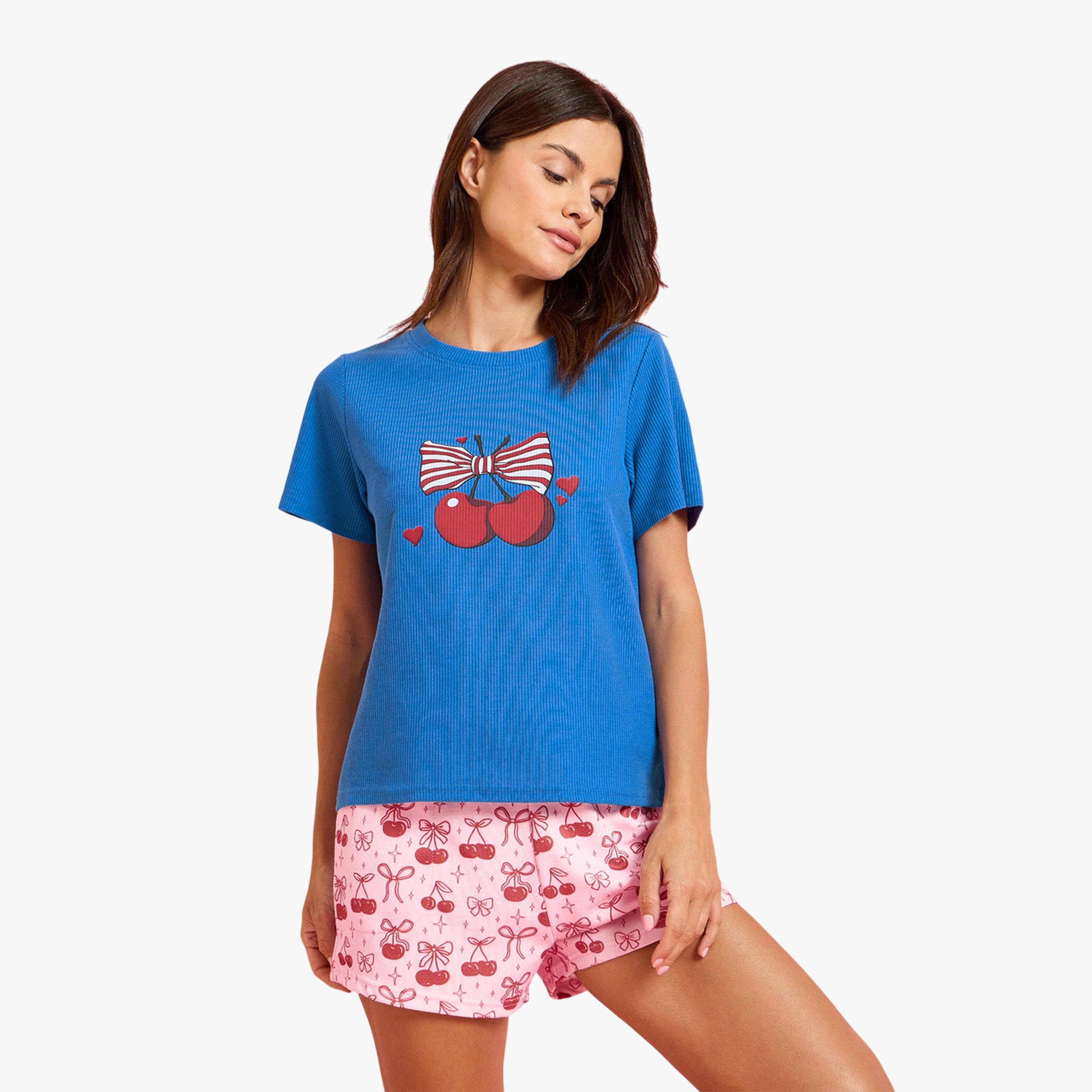 Styli Blue Cherry Print Ribbed T-Shirt and Shorts Set-women-clothing-nightwear-pyjamas-shortsets-image-1