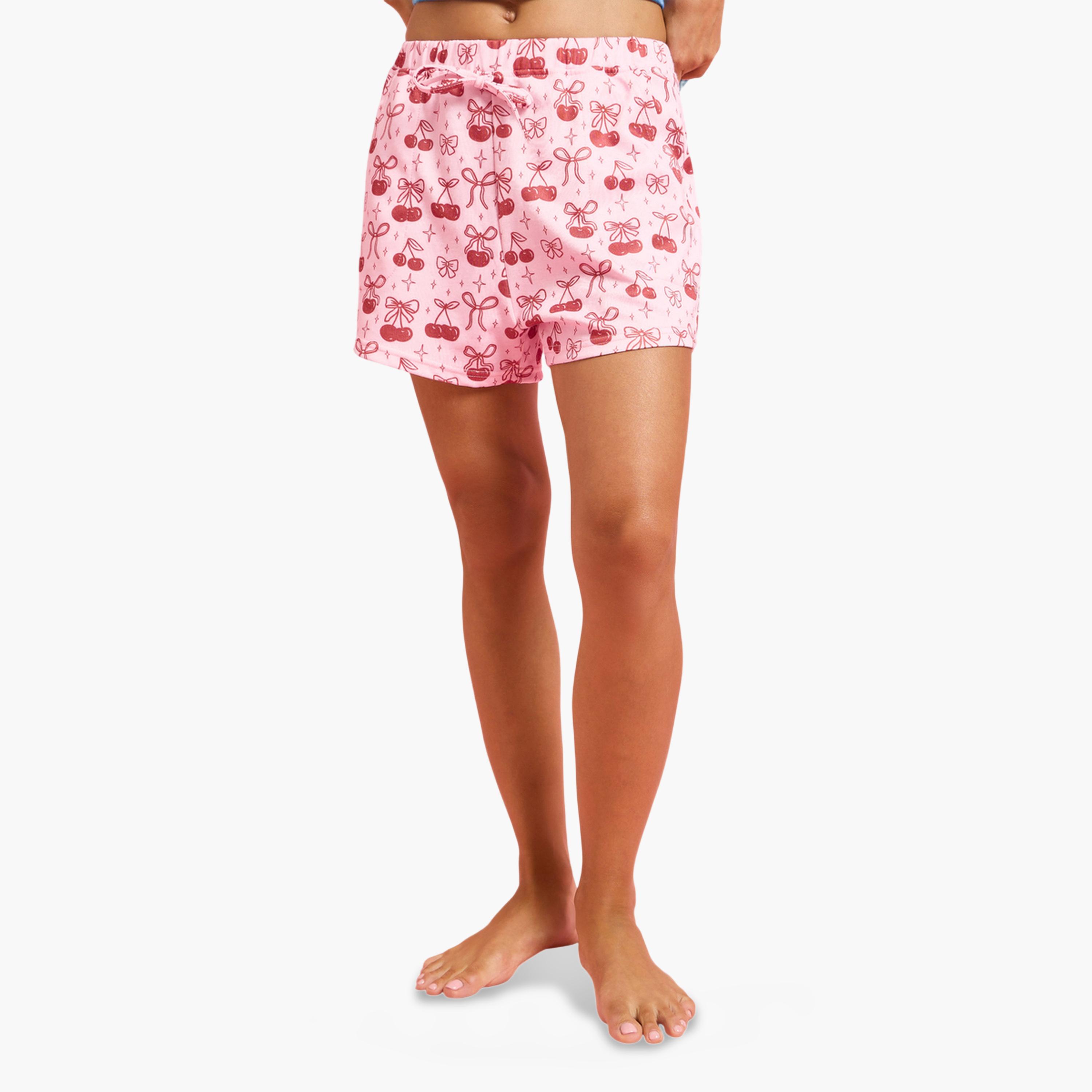 Styli Blue Cherry Print Ribbed T-Shirt and Shorts Set-women-clothing-nightwear-pyjamas-shortsets-image-4
