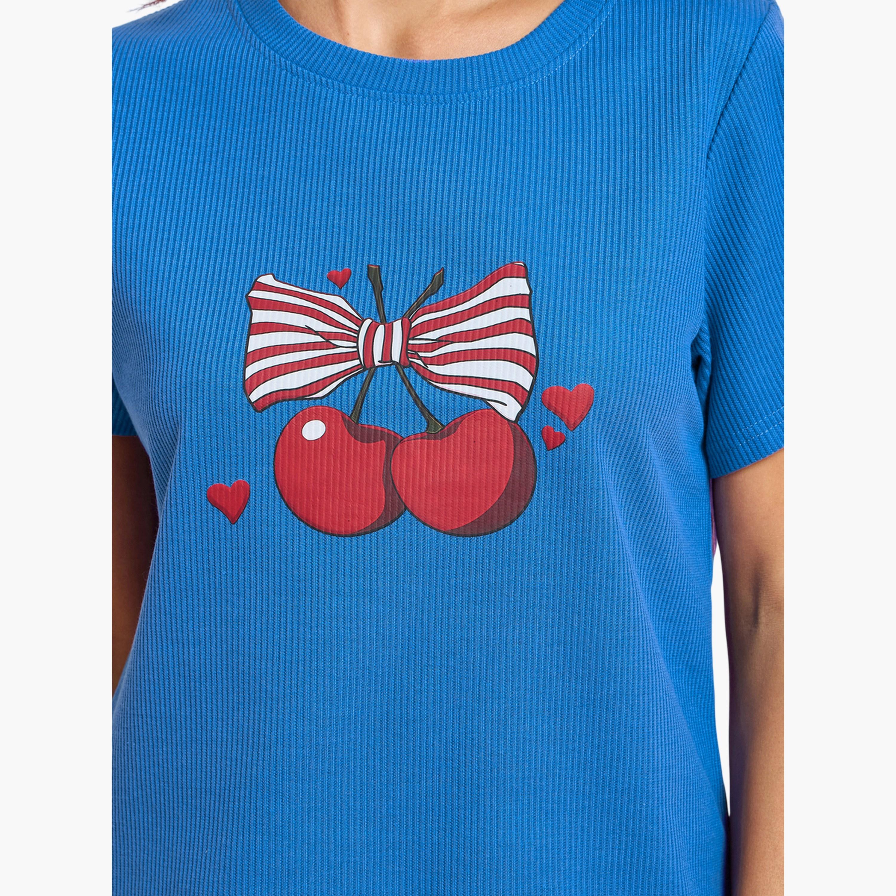 Styli Blue Cherry Print Ribbed T-Shirt and Shorts Set-women-clothing-nightwear-pyjamas-shortsets-image-5