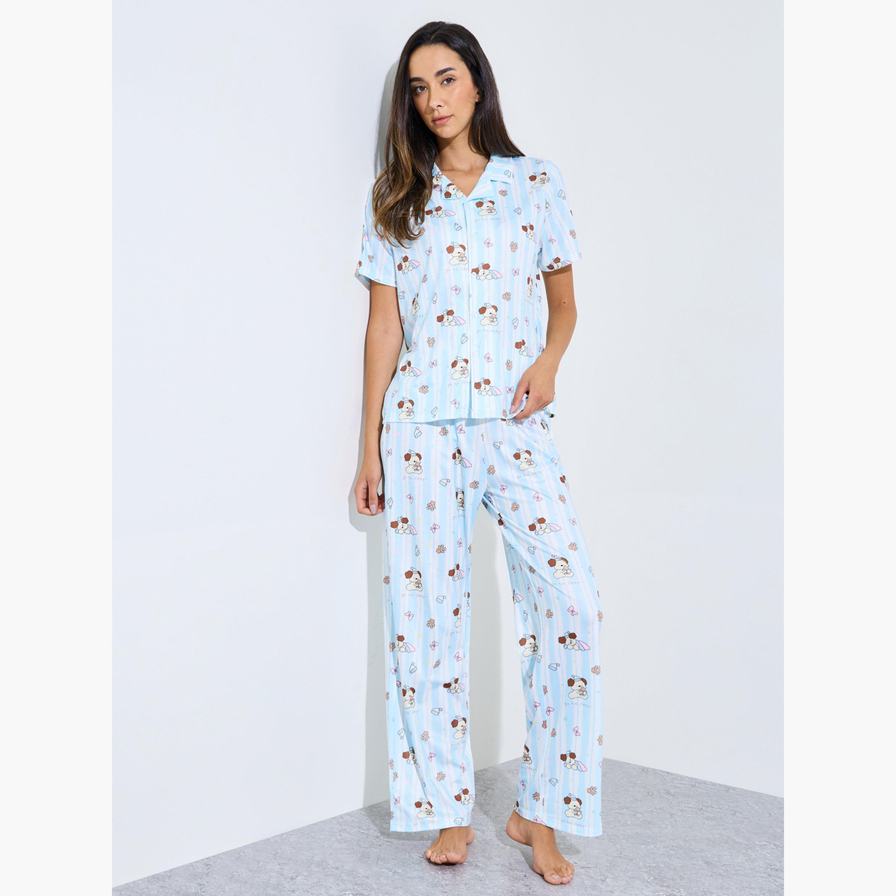 ستايلي - طقم قميص وبيجامة بطبعة دب أزرق-women-clothing-nightwear-pyjamas-longsets-image-1