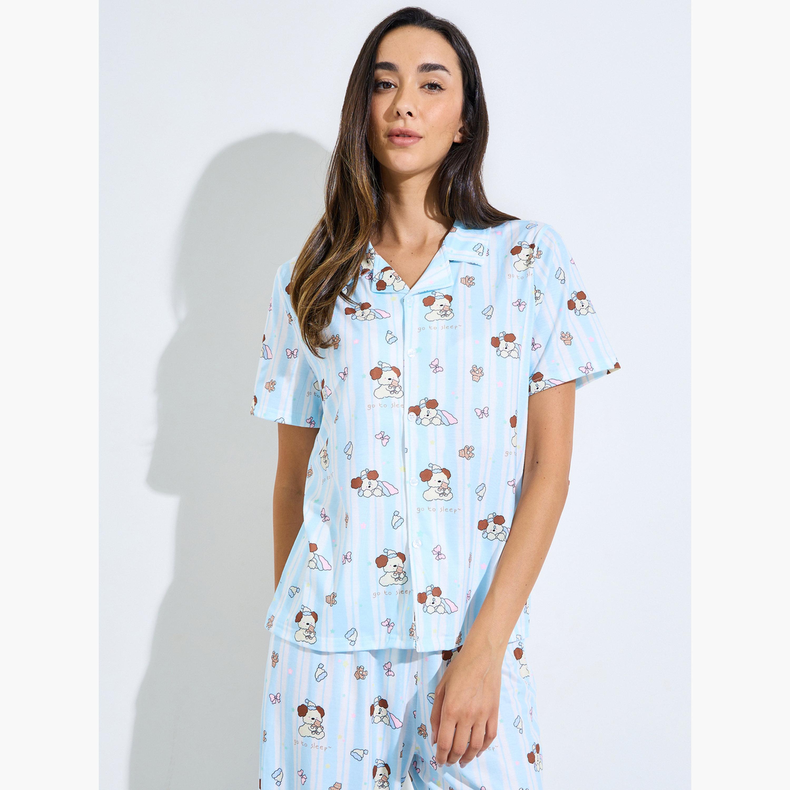 ستايلي - طقم قميص وبيجامة بطبعة دب أزرق-women-clothing-nightwear-pyjamas-longsets-image-2