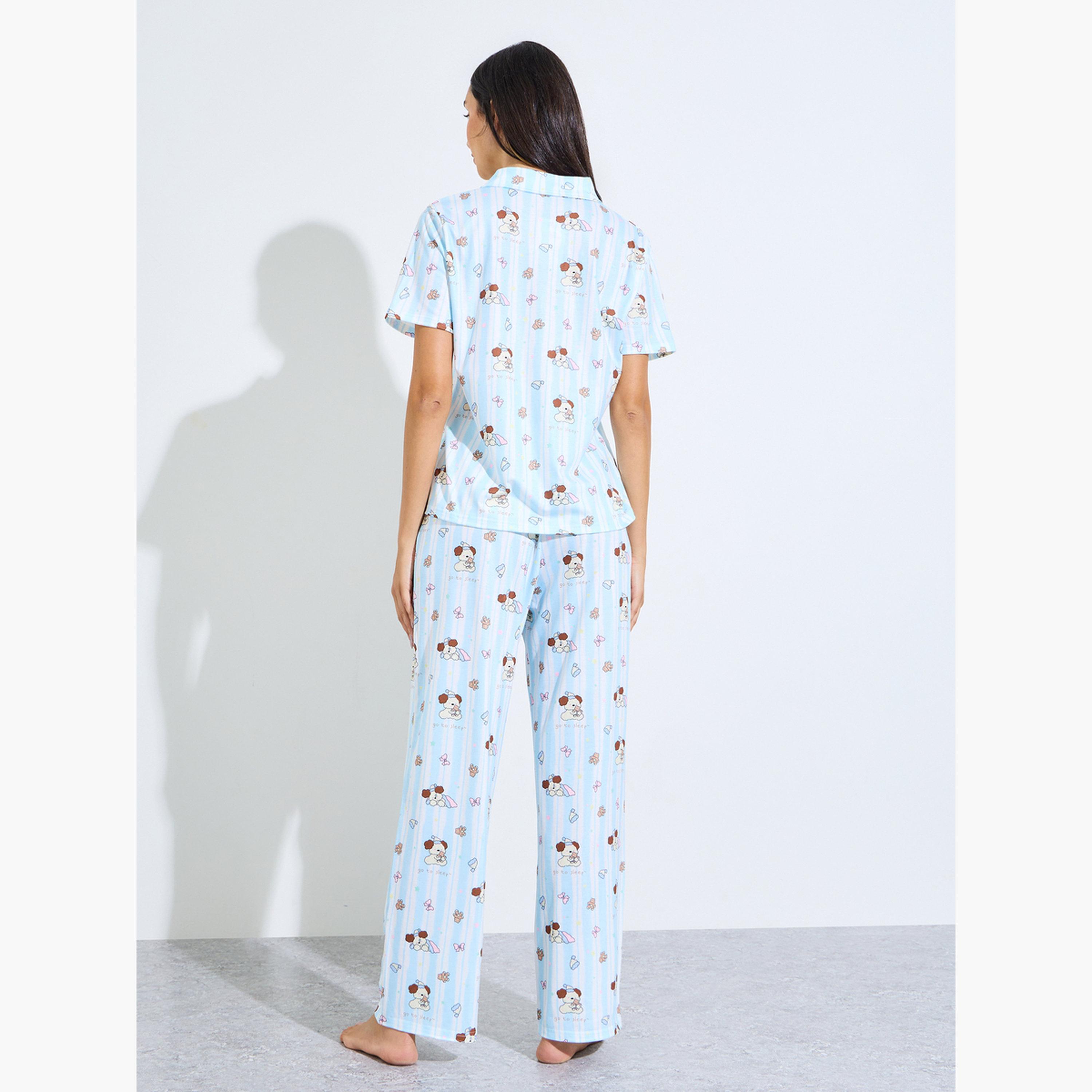 ستايلي - طقم قميص وبيجامة بطبعة دب أزرق-women-clothing-nightwear-pyjamas-longsets-image-3