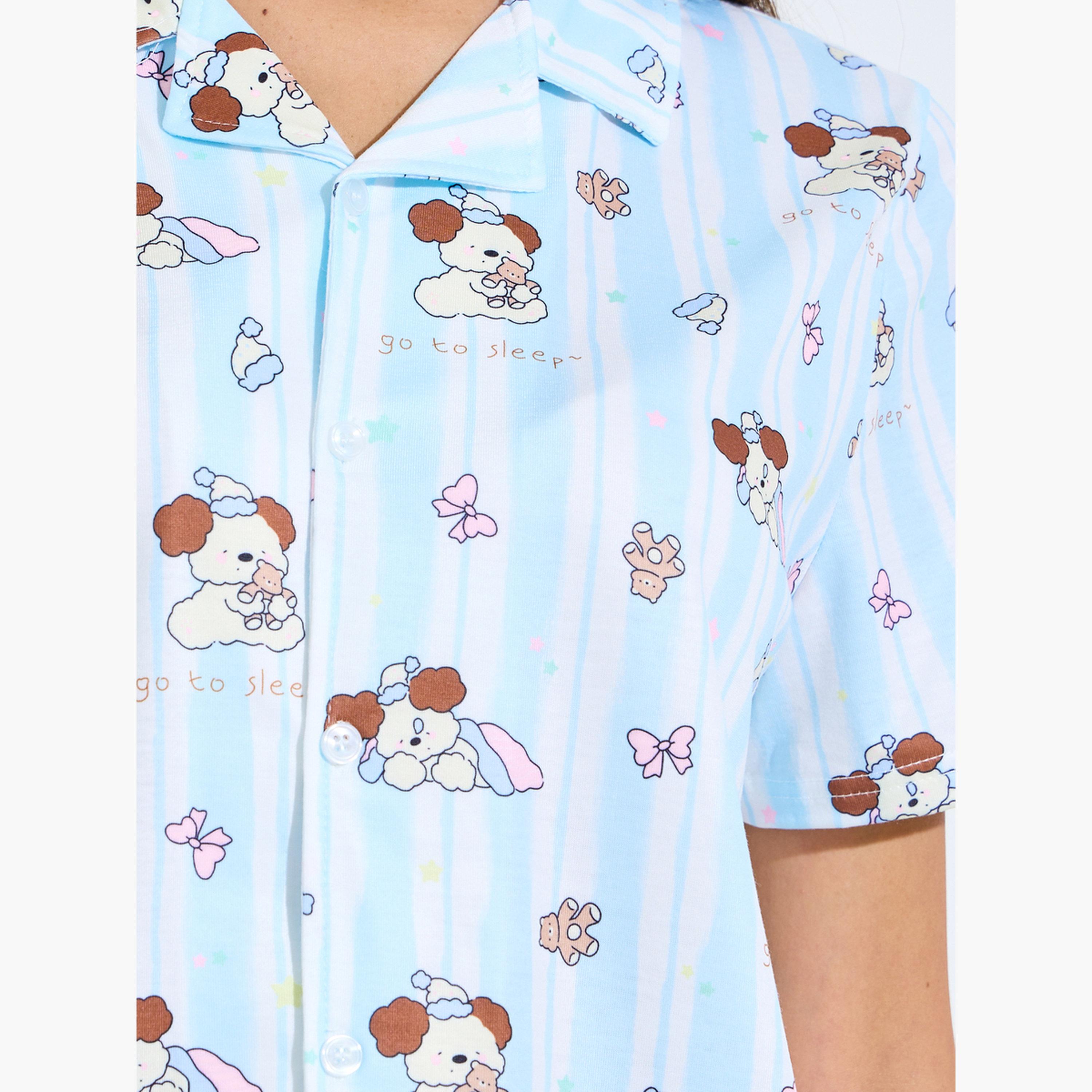 ستايلي - طقم قميص وبيجامة بطبعة دب أزرق-women-clothing-nightwear-pyjamas-longsets-image-5