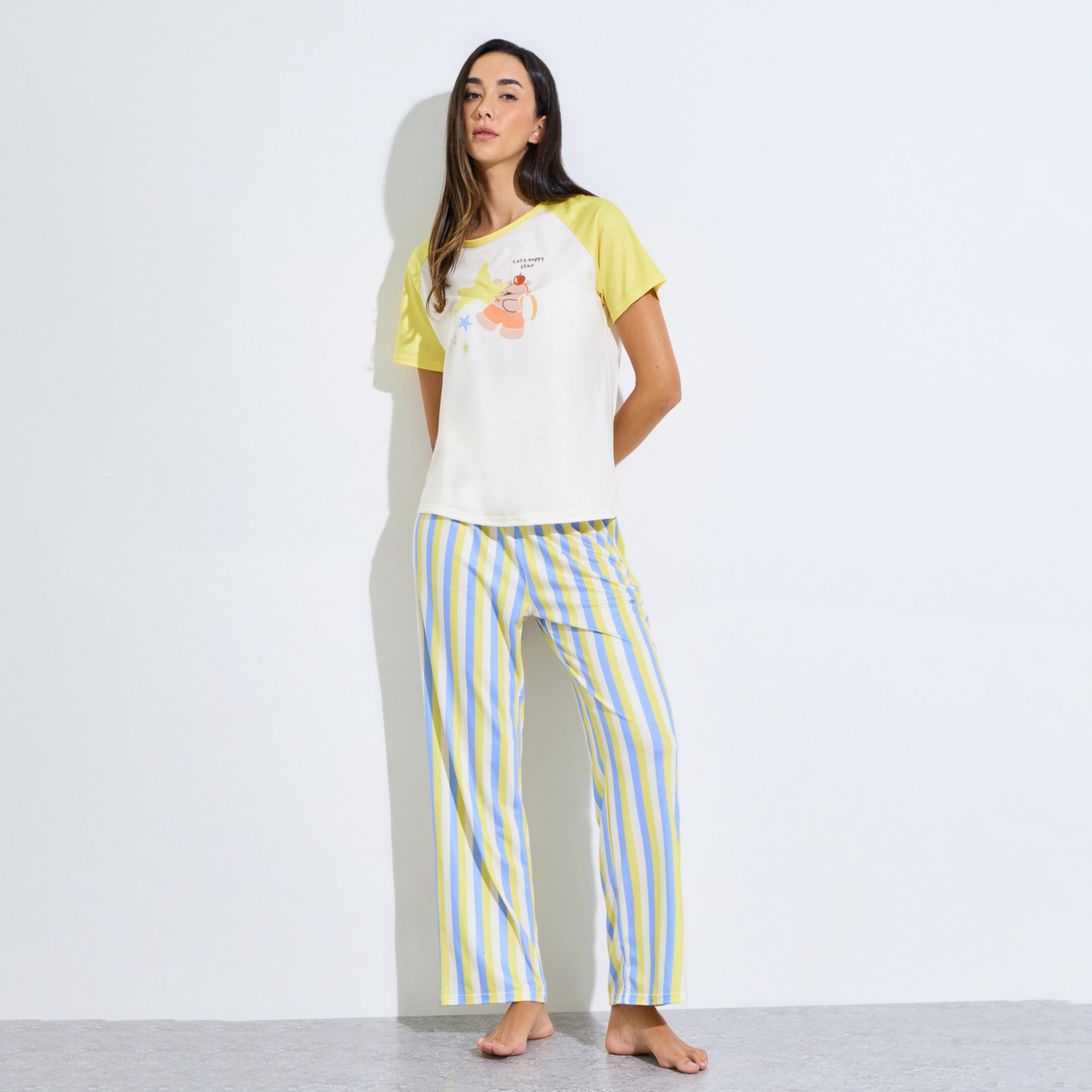 ستايلي - طقم نيشيرت أصفر مطبوع بأكمام راجلان وبنطال بيجاما مخطط-women-clothing-nightwear-pyjamas-longsets-image-1