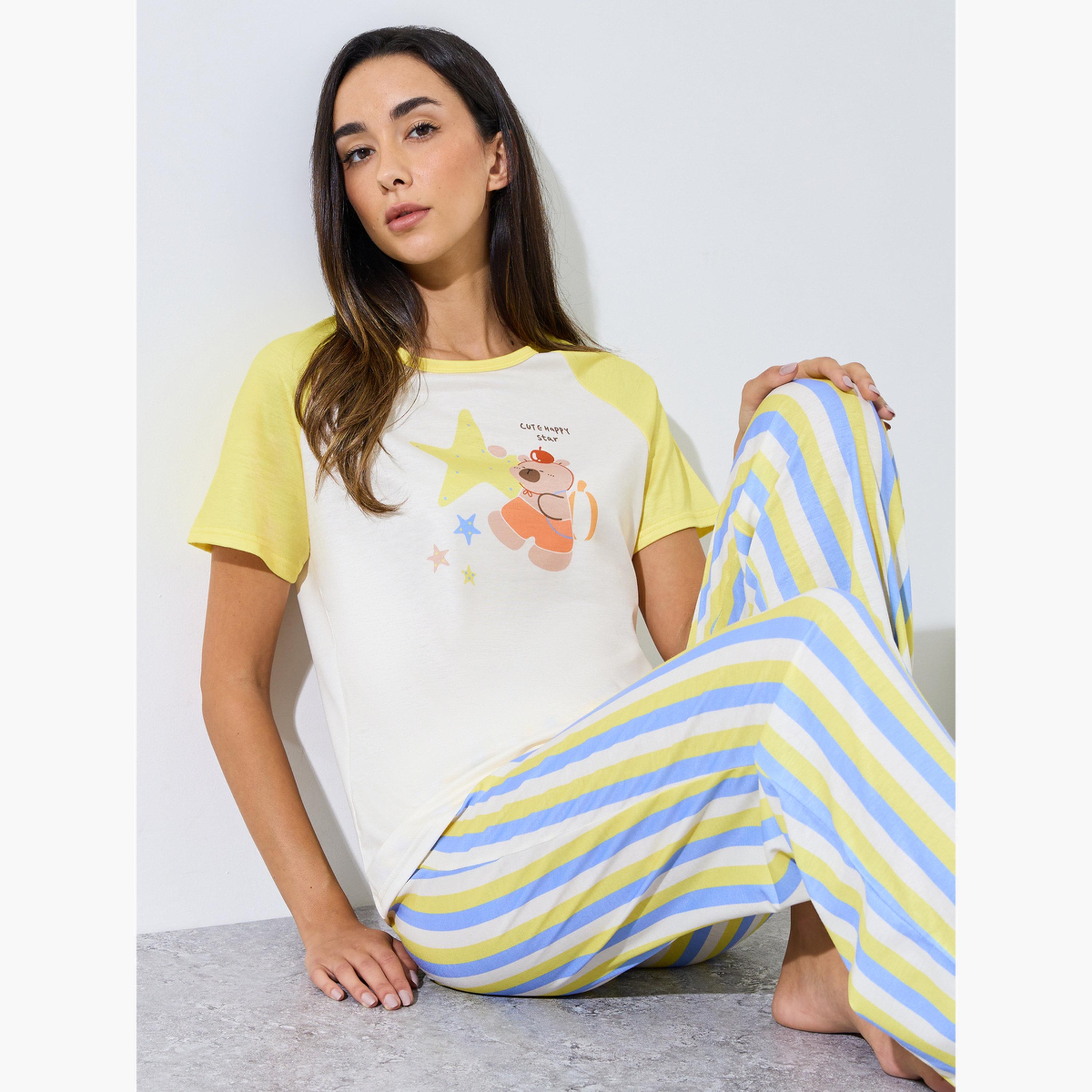 Styli Yellow Printed Raglan T-Shirt and Striped Pyjama Set-women-clothing-nightwear-pyjamas-longsets-image-2