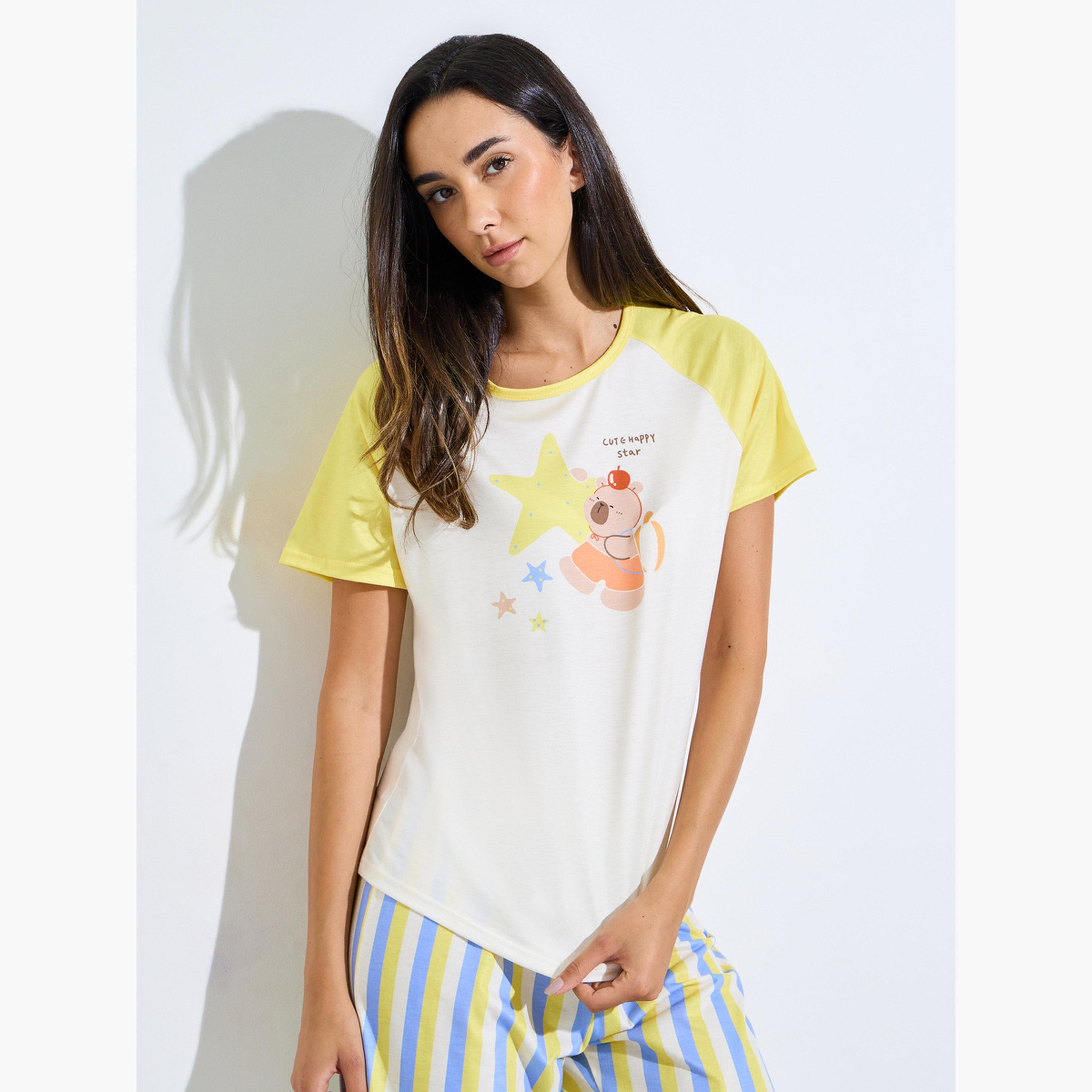 Styli Yellow Printed Raglan T-Shirt and Striped Pyjama Set-women-clothing-nightwear-pyjamas-longsets-image-3