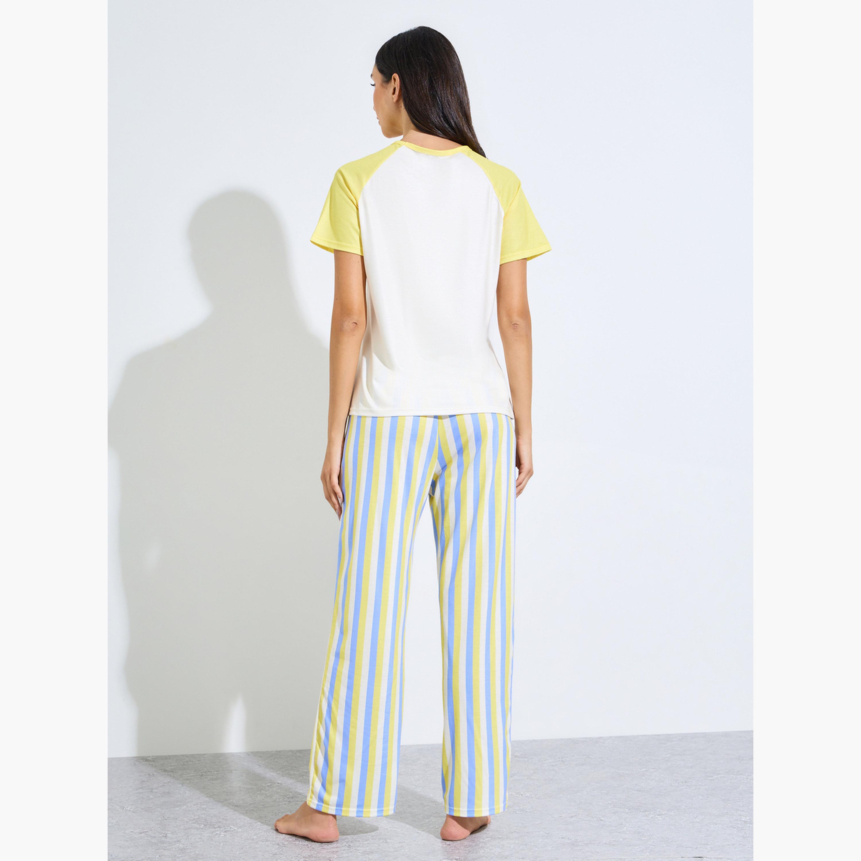 Styli Yellow Printed Raglan T-Shirt and Striped Pyjama Set-women-clothing-nightwear-pyjamas-longsets-image-4