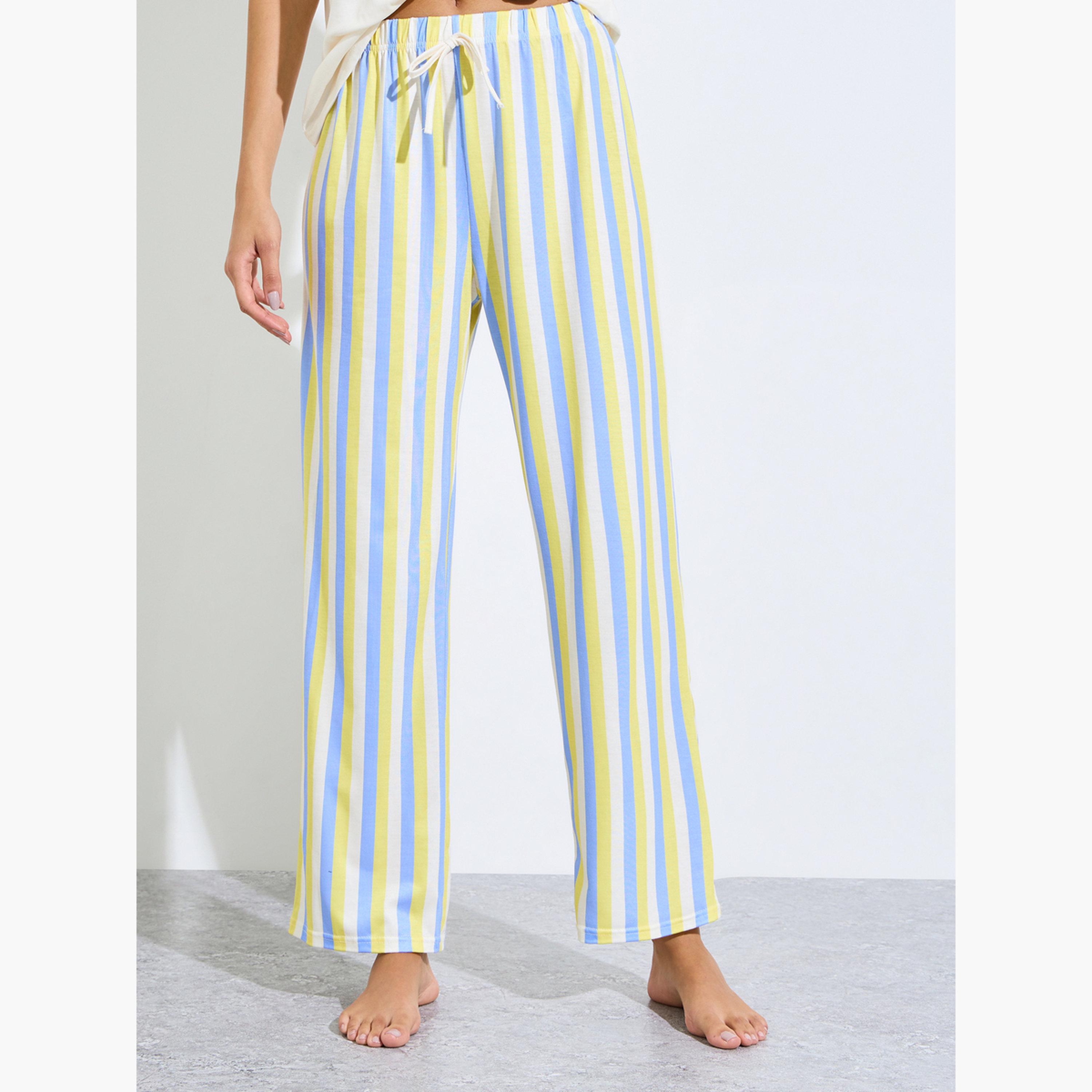 Styli Yellow Printed Raglan T-Shirt and Striped Pyjama Set-women-clothing-nightwear-pyjamas-longsets-image-5